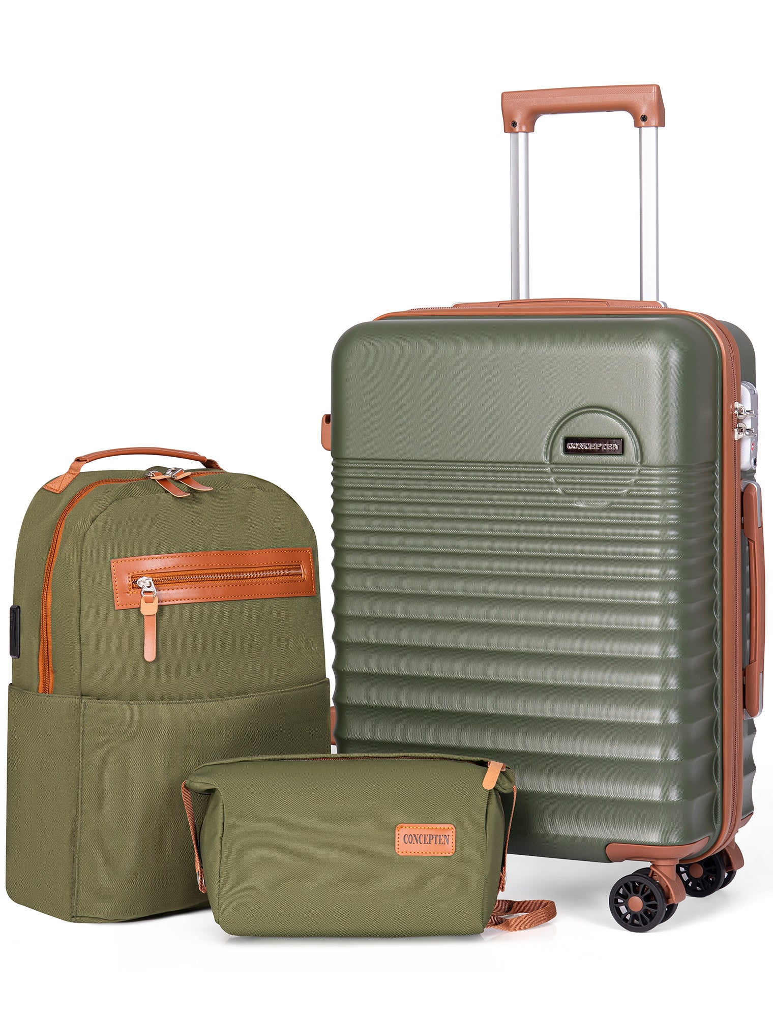 CONCEPTEN 3-Piece Carry on Luggage Set, 20 Inch Airline Approved Hardshell Suitcase with Spinner Wheels, Lightweight ABS Travel Luggage with TSA Lock, Backpack & Toiletry Bag,OliveDrab