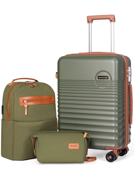 CONCEPTEN 3-Piece Carry on Luggage Set, 20 Inch Airline Approved Hardshell Suitcase with Spinner Wheels, Lightweight ABS Travel Luggage with TSA Lock, Backpack & Toiletry Bag,OliveDrab