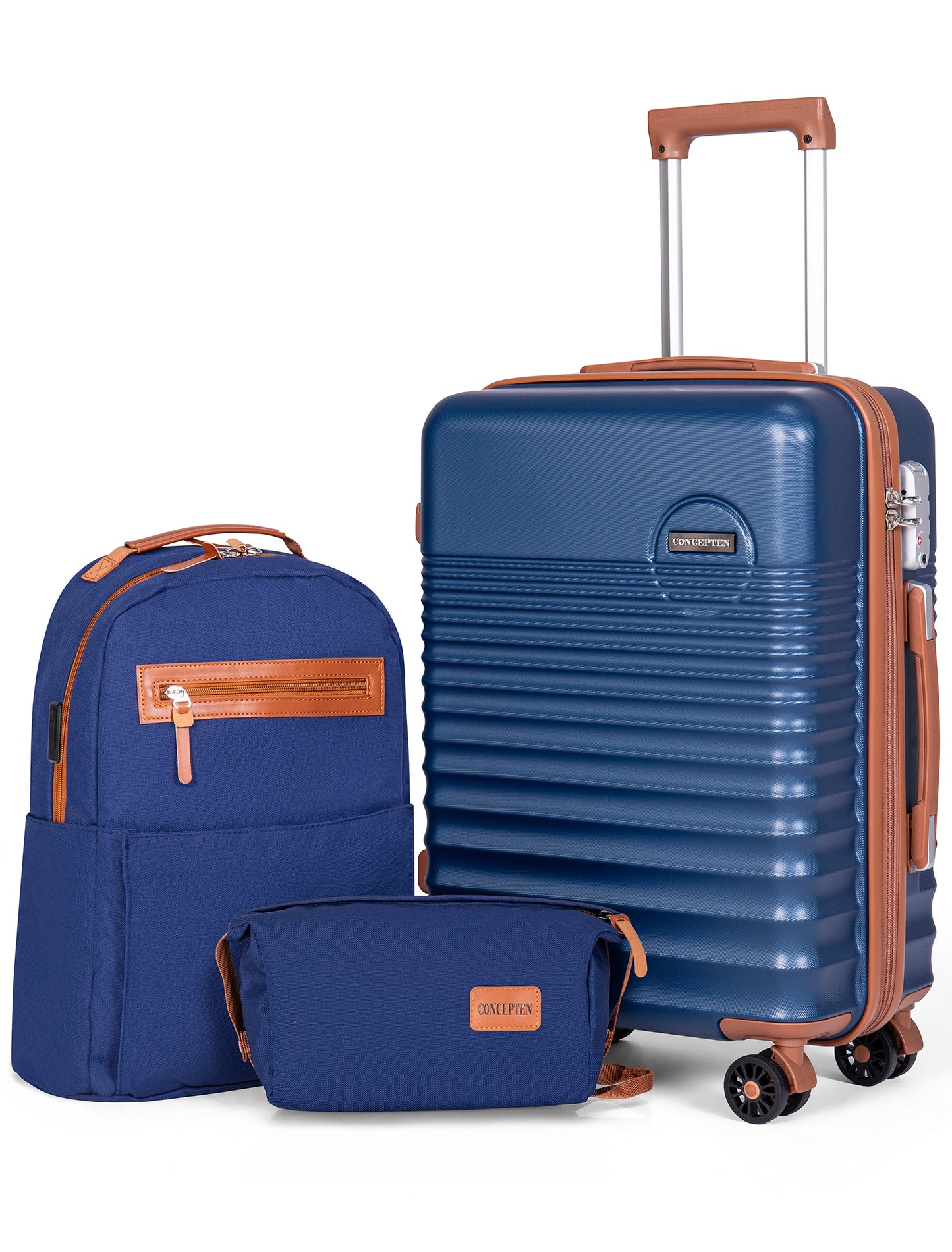 CONCEPTEN 3-Piece Carry On Luggage Set, 20 Inch Airline Approved Hardshell Suitcase with Spinner Wheels, Lightweight ABS Travel Luggage with TSA Lock, Backpack & Toiletry Bag,Deep Blue
