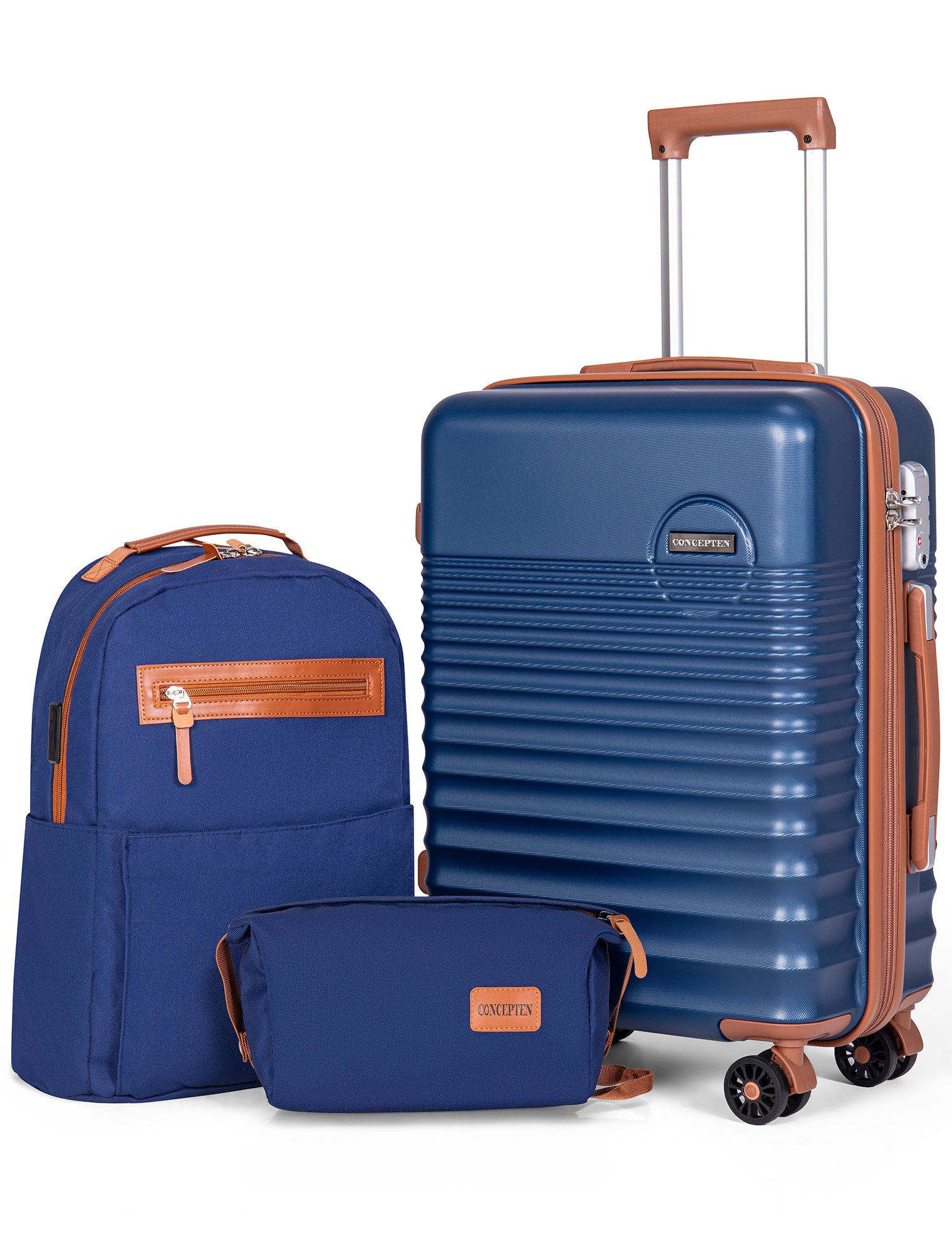 CONCEPTEN 3-Piece Carry On Luggage Set, 20 Inch Airline Approved Hardshell Suitcase with Spinner Wheels, Lightweight ABS Travel Luggage with TSA Lock, Backpack & Toiletry Bag,Deep Blue