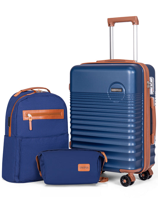 CONCEPTEN 3-Piece Carry On Luggage Set, 20 Inch Airline Approved Hardshell Suitcase with Spinner Wheels, Lightweight ABS Travel Luggage with TSA Lock, Backpack & Toiletry Bag,Deep Blue