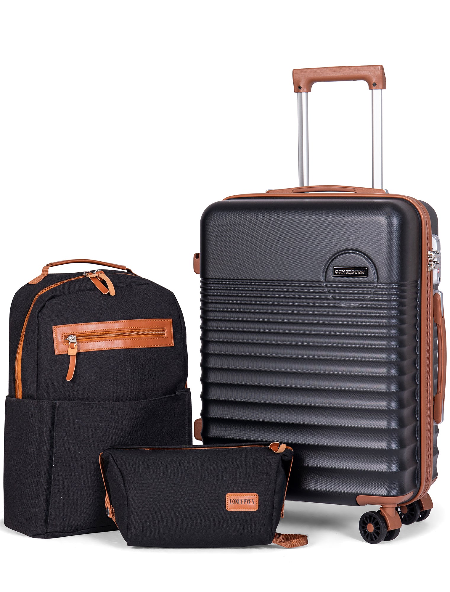CONCEPTEN 3-Piece Carry on Luggage Set, 20 Inch Airline Approved Hardshell Suitcase with Spinner Wheels, Lightweight ABS Travel Luggage with TSA Lock, Backpack & Toiletry Bag,Black