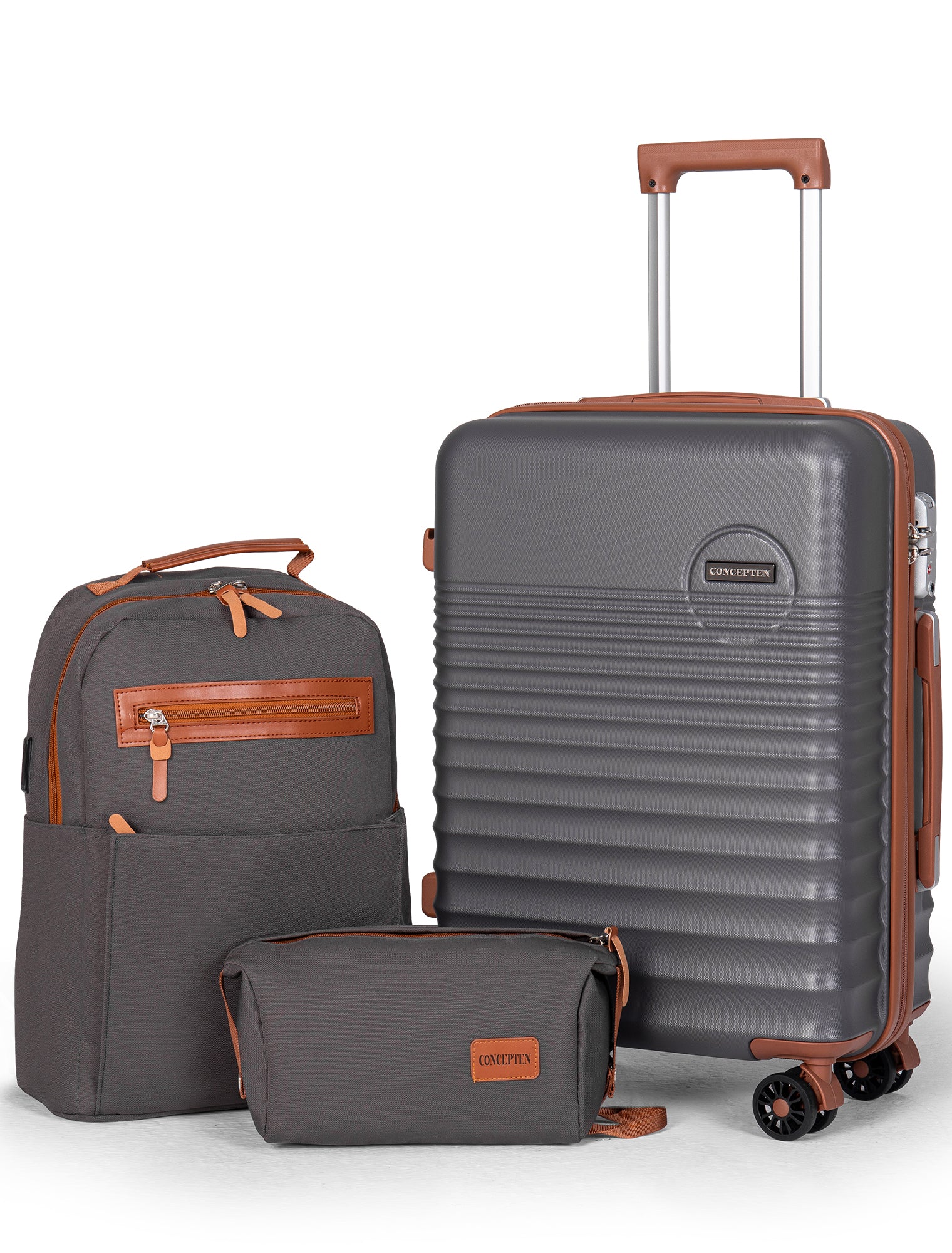 CONCEPTEN 3-Piece Carry on Luggage Set, 20 Inch Airline Approved Hardshell Suitcase with Spinner Wheels, Lightweight ABS Travel Luggage with TSA Lock, Backpack & Toiletry Bag,Grey