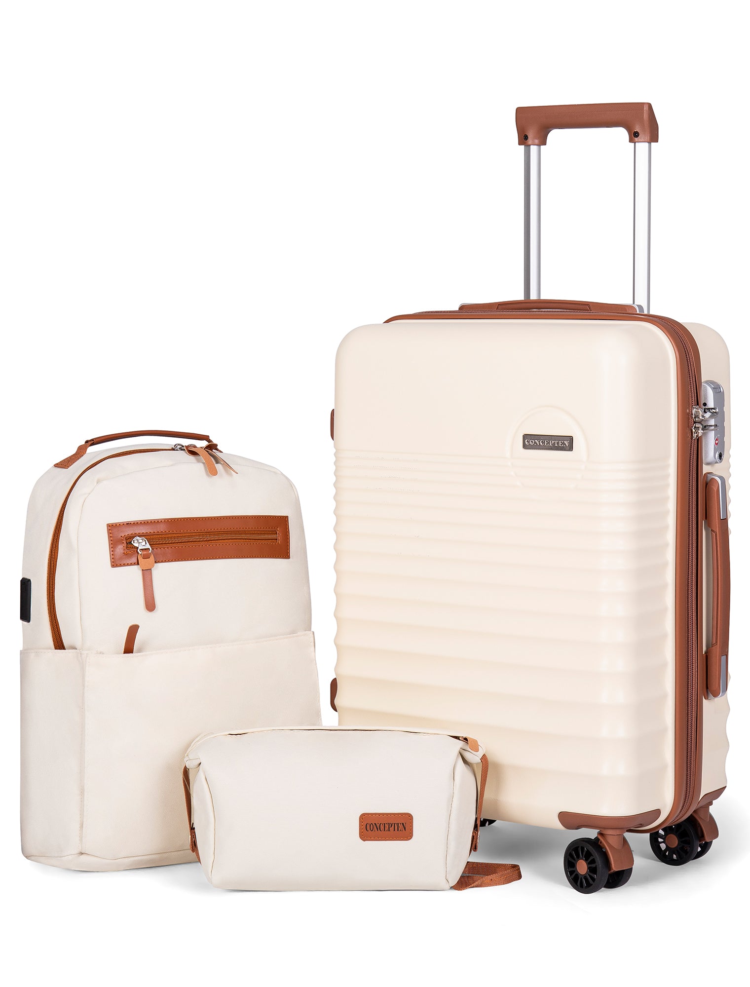 CONCEPTEN 3-Piece Carry on Luggage Set, 20 Inch Airline Approved Hardshell Suitcase with Spinner Wheels, Lightweight ABS Travel Luggage with TSA Lock, Backpack & Toiletry Bag，Beige