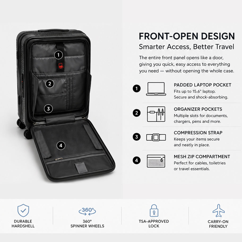 CONCEPTEN Front-Opening 3-Piece PP Material Luggage Set, Featuring Swivel Wheels And TSA Lock For Travel