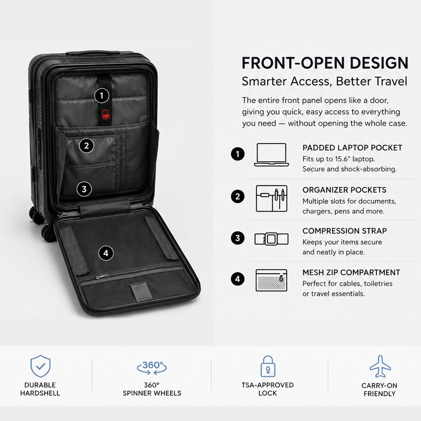 CONCEPTEN Front-Opening 3-Piece PP Material Luggage Set, Featuring Swivel Wheels And TSA Lock For Travel