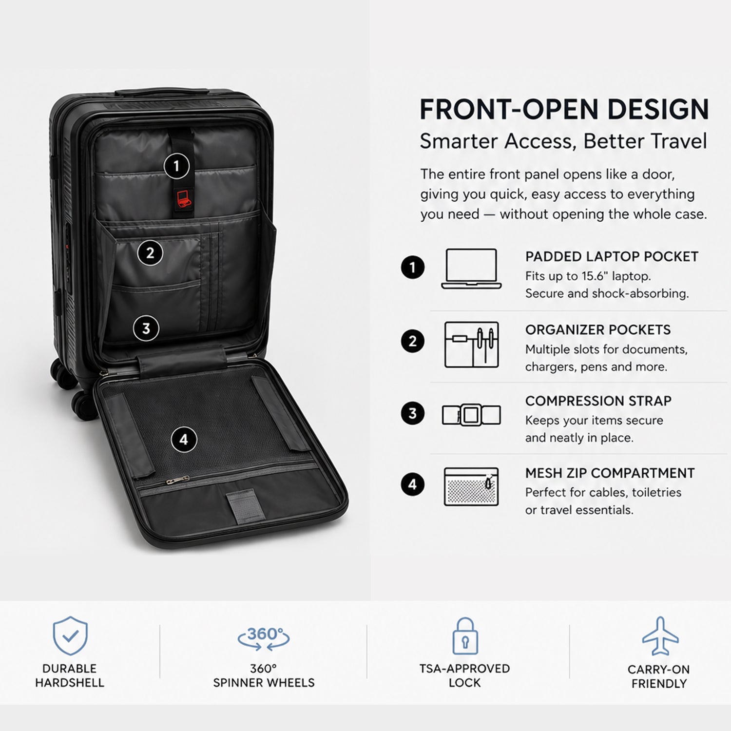 CONCEPTEN Front-Opening 3-Piece PP Material Luggage Set, Featuring Swivel Wheels And TSA Lock For Travel