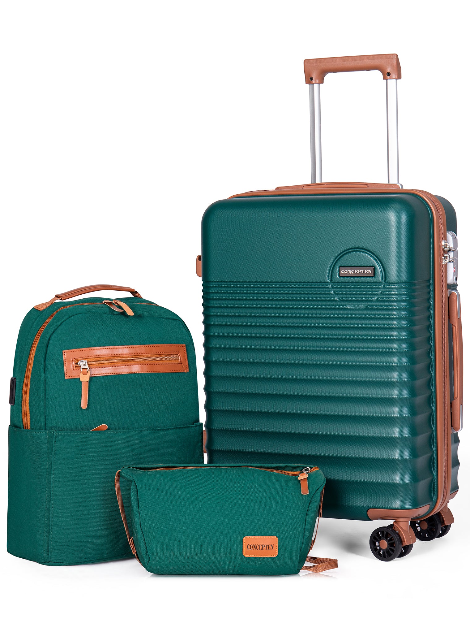 CONCEPTEN 3-Piece Carry on Luggage Set, 20 Inch Airline Approved Hardshell Suitcase with Spinner Wheels, Lightweight ABS Travel Luggage with TSA Lock, Backpack & Toiletry Bag,Teal