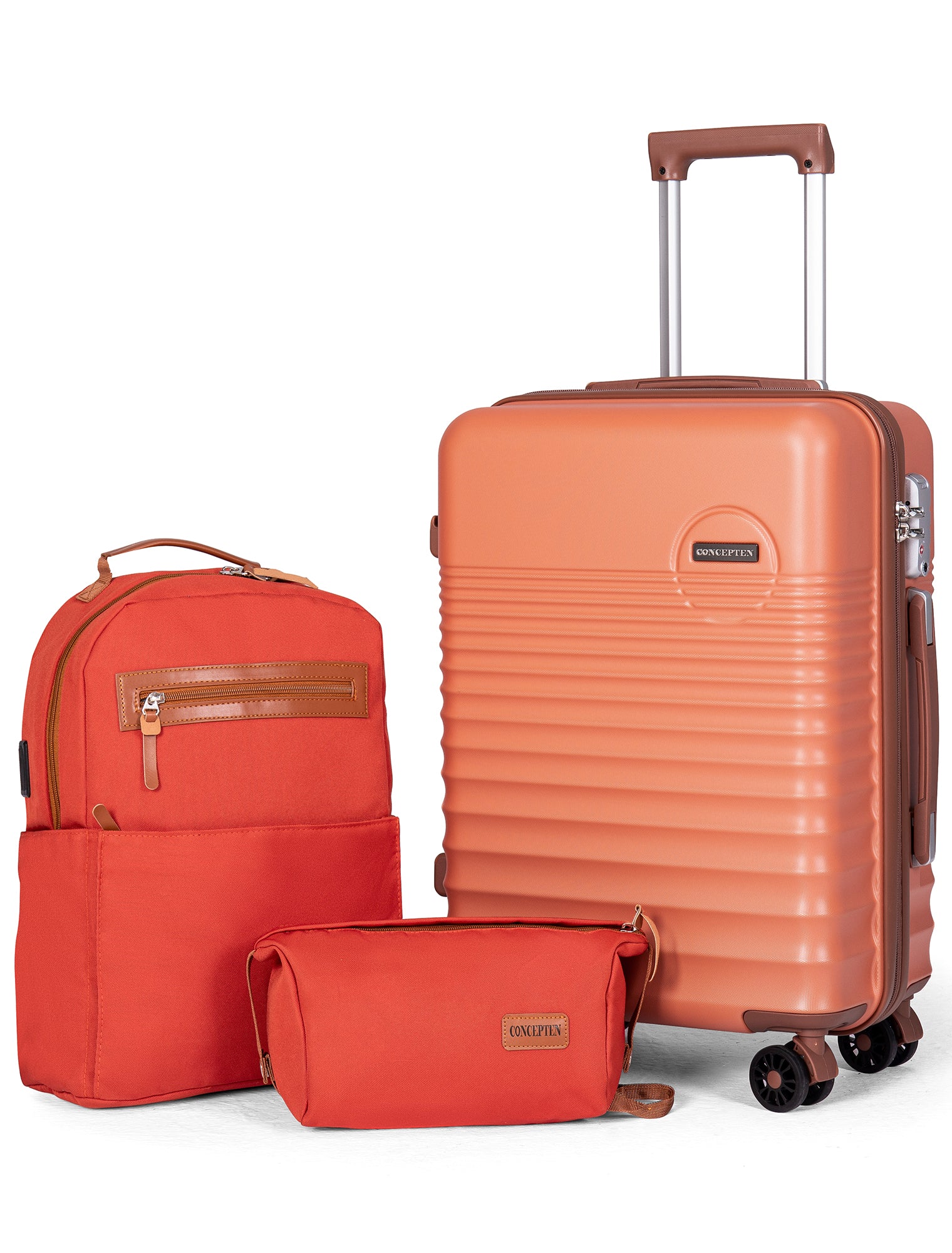 CONCEPTEN 3-Piece Carry on Luggage Set, 20 Inch Airline Approved Hardshell Suitcase with Spinner Wheels, Lightweight ABS Travel Luggage with TSA Lock, Backpack & Toiletry Bag,Orange