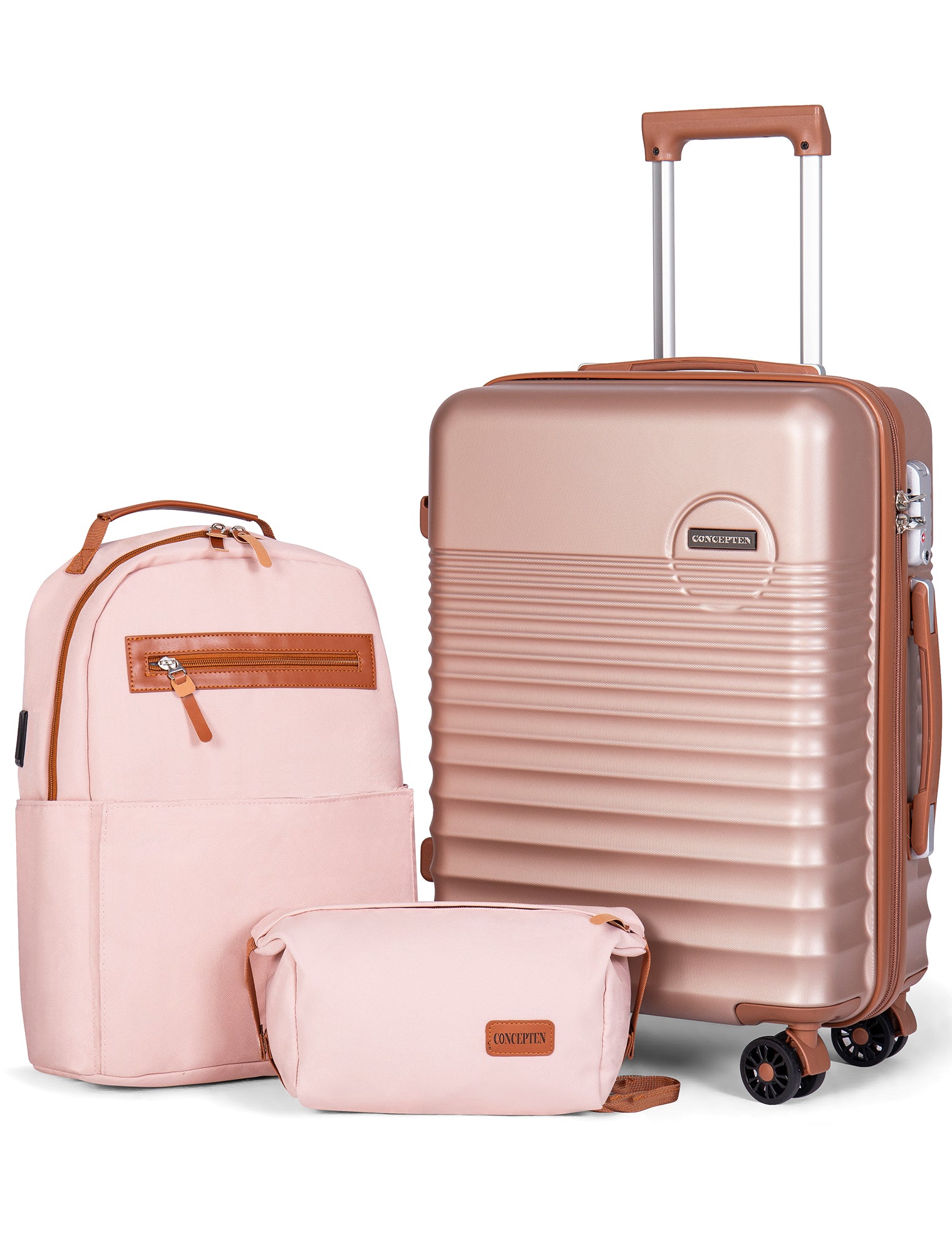 CONCEPTEN 3-Piece Carry on Luggage Set, 20 Inch Airline Approved Hardshell Suitcase with Spinner Wheels, Lightweight ABS Travel Luggage with TSA Lock, Backpack & Toiletry Bag,Champagne