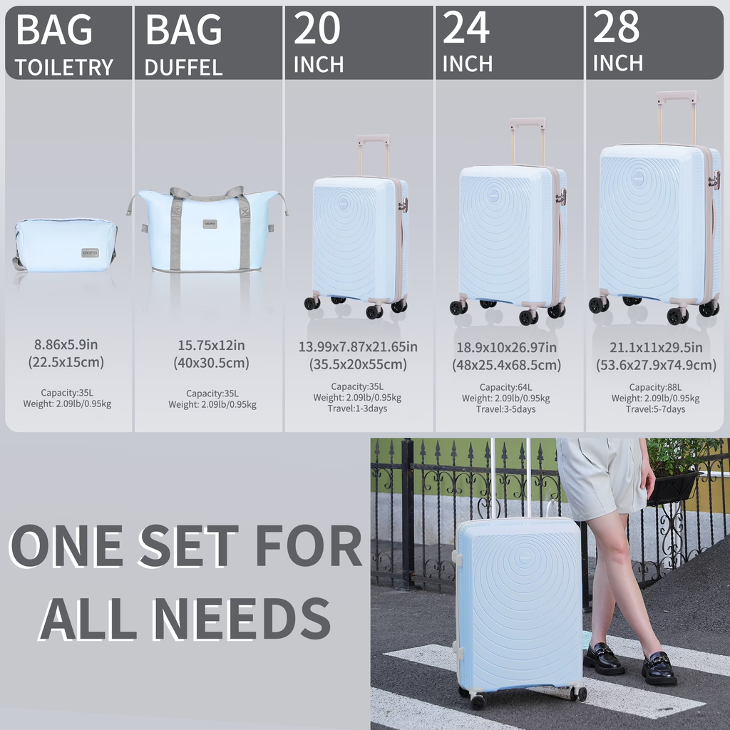 Concepten 5 Piece Lightweight Luggage Set,with TSA Lock and Swivel Wheels, PP Material Anti Fall and Anti Crack Suitcase