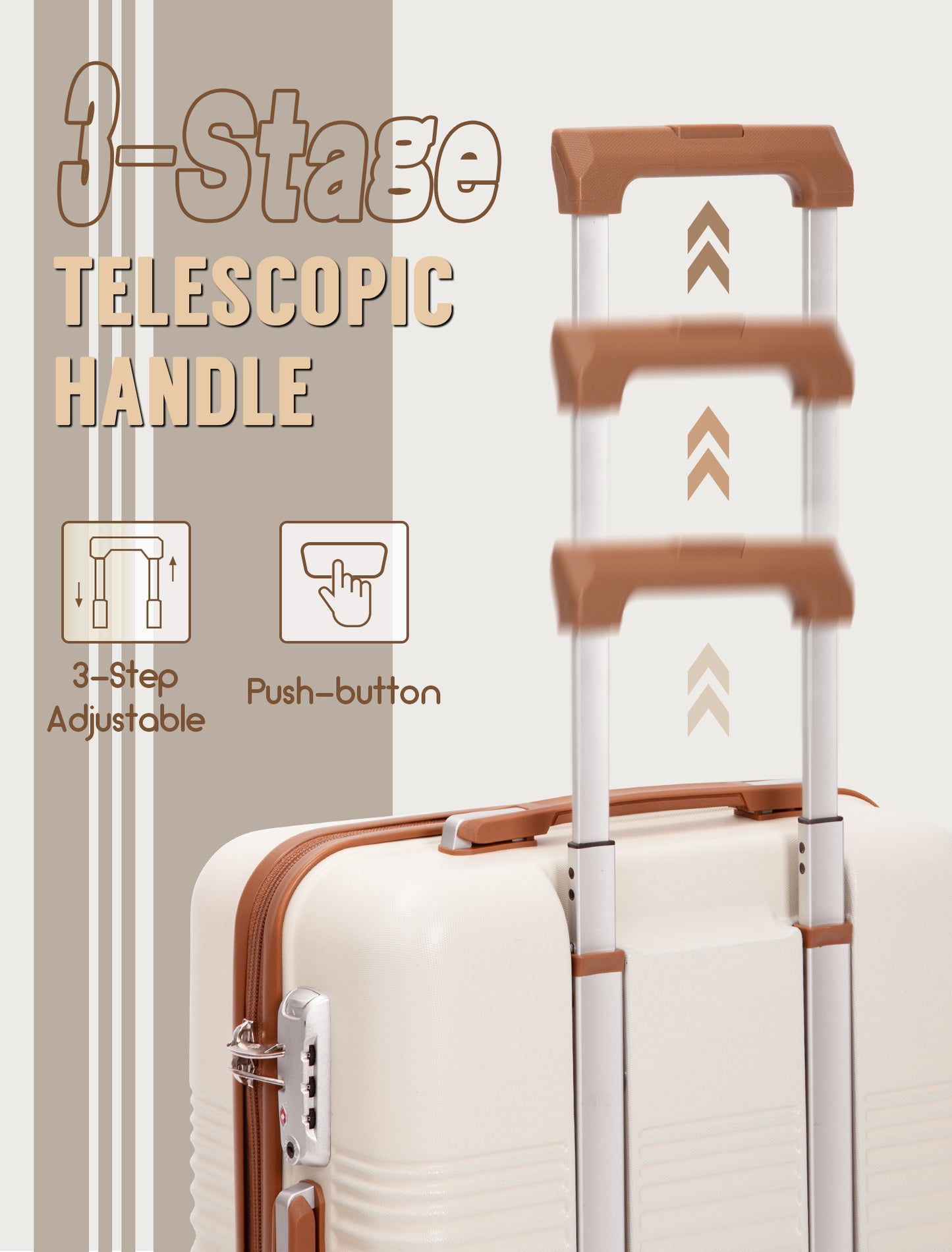 CONCEPTEN 3-Piece Carry on Luggage Set, 20 Inch Airline Approved Hardshell Suitcase with Spinner Wheels, Lightweight ABS Travel Luggage with TSA Lock, Backpack & Toiletry Bag，Beige