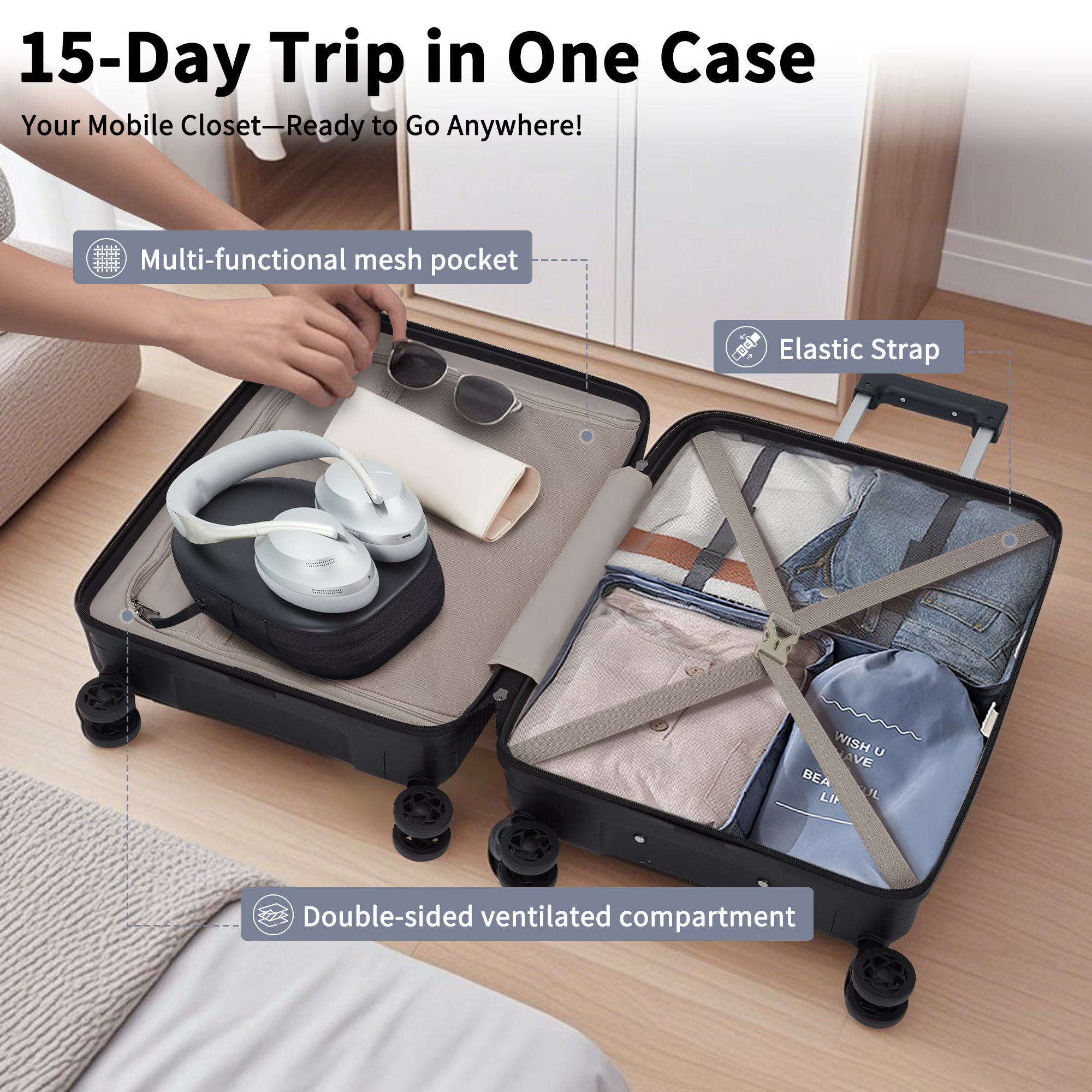 Concepten 5 Piece Lightweight Luggage Set,with TSA Lock and Swivel Wheels, PP Material Anti Fall and Anti Crack Suitcase