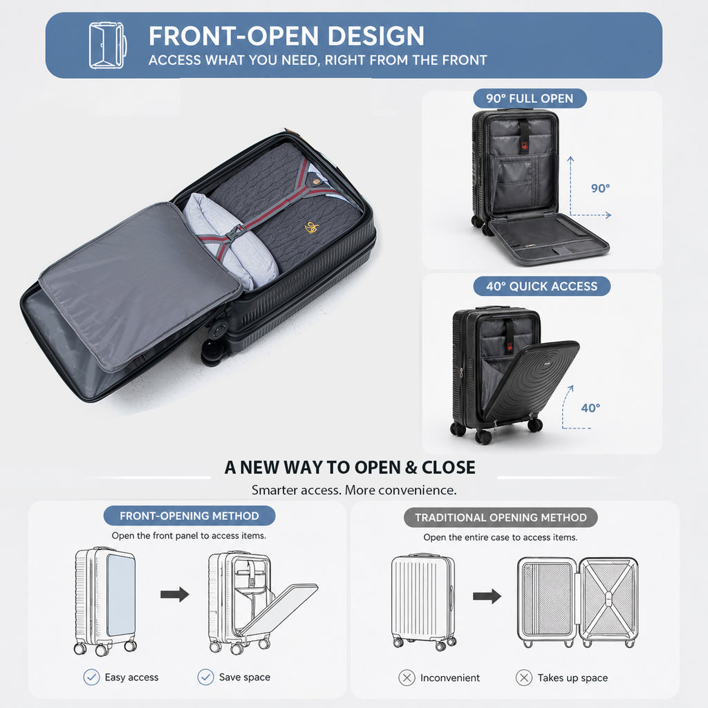 CONCEPTEN Front-Opening 3-Piece PP Material Luggage Set, Featuring Swivel Wheels And TSA Lock For Travel