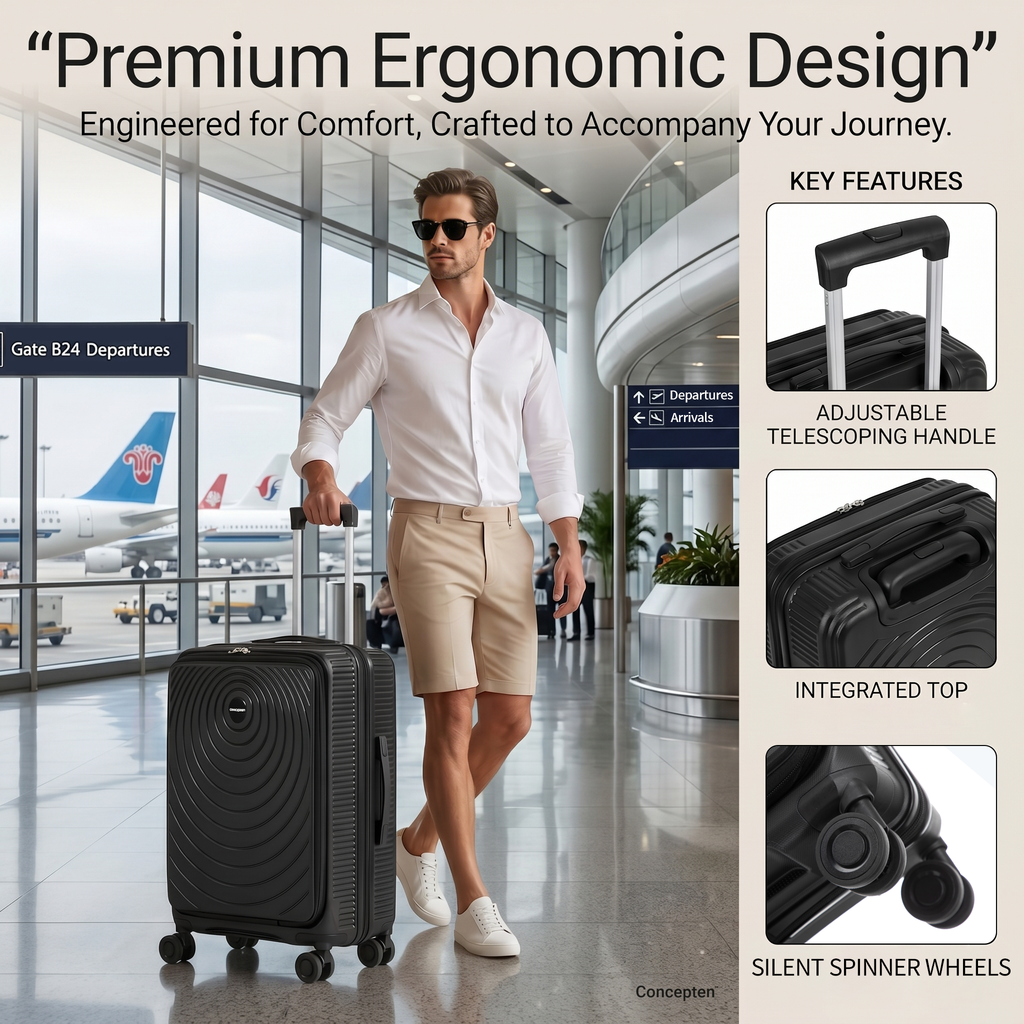 CONCEPTEN Front-Opening 3-Piece PP Material Luggage Set, Featuring Swivel Wheels And TSA Lock For Travel
