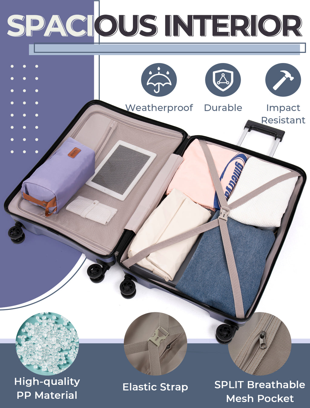 Concepten 3-Piece Carry on Luggage Set, PP Material Hard Shell Suitcase with TSA Lock for Rotating Wheels，Lightweight and Drop Resistant Suitcase