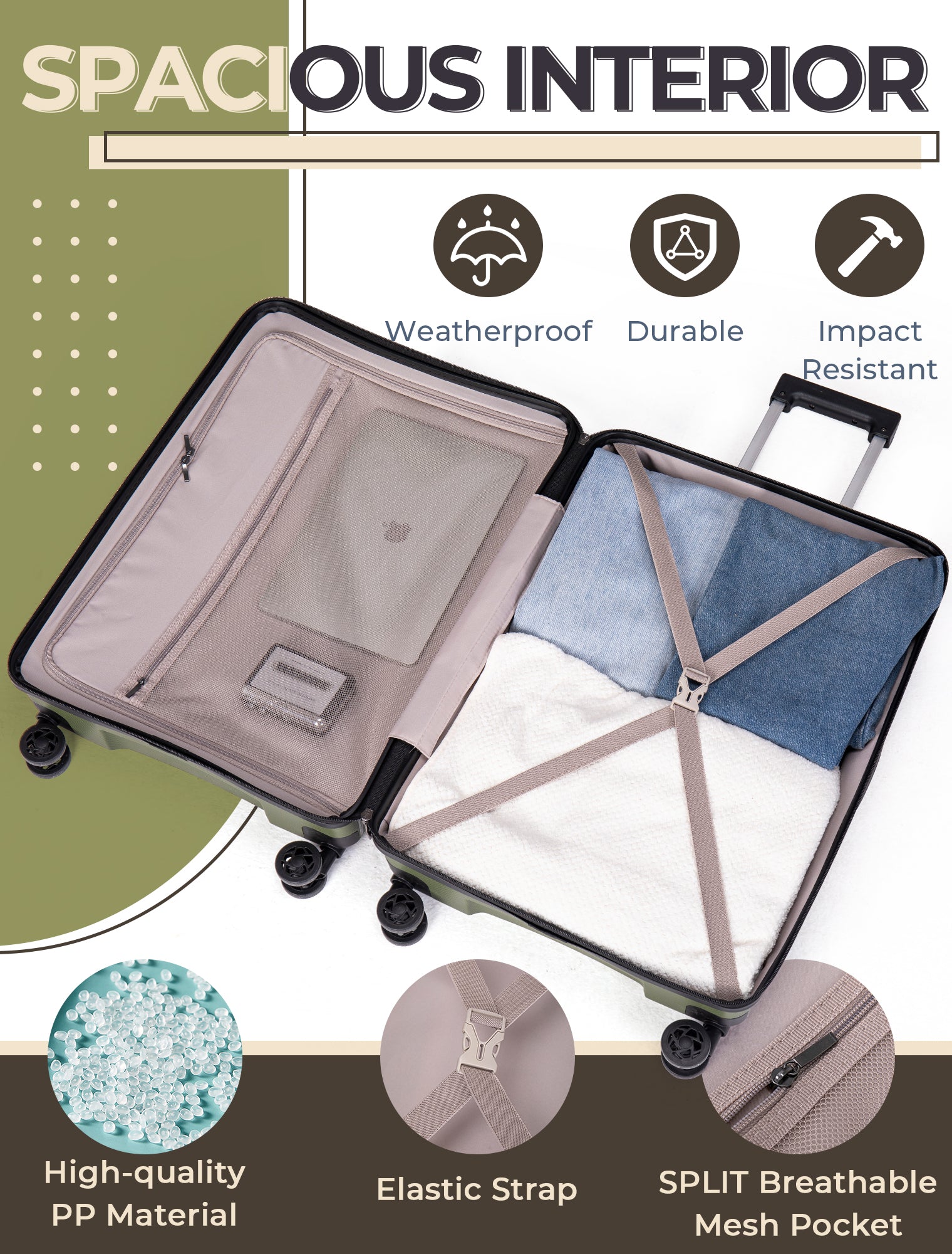 Concepten 3-Piece Carry on Luggage Set, PP Material Hard Shell Suitcase with TSA Lock for Rotating Wheels，Lightweight and Drop Resistant Suitcase