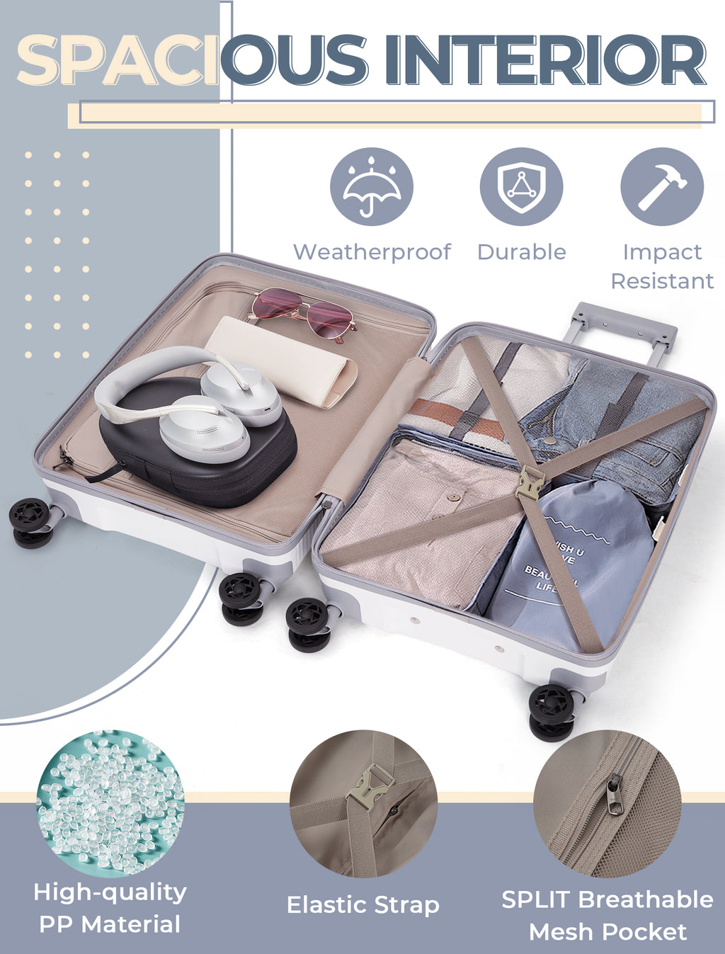 Concepten 3-Piece Carry on Luggage Set, PP Material Hard Shell Suitcase with TSA Lock for Rotating Wheels，Lightweight and Drop Resistant Suitcase