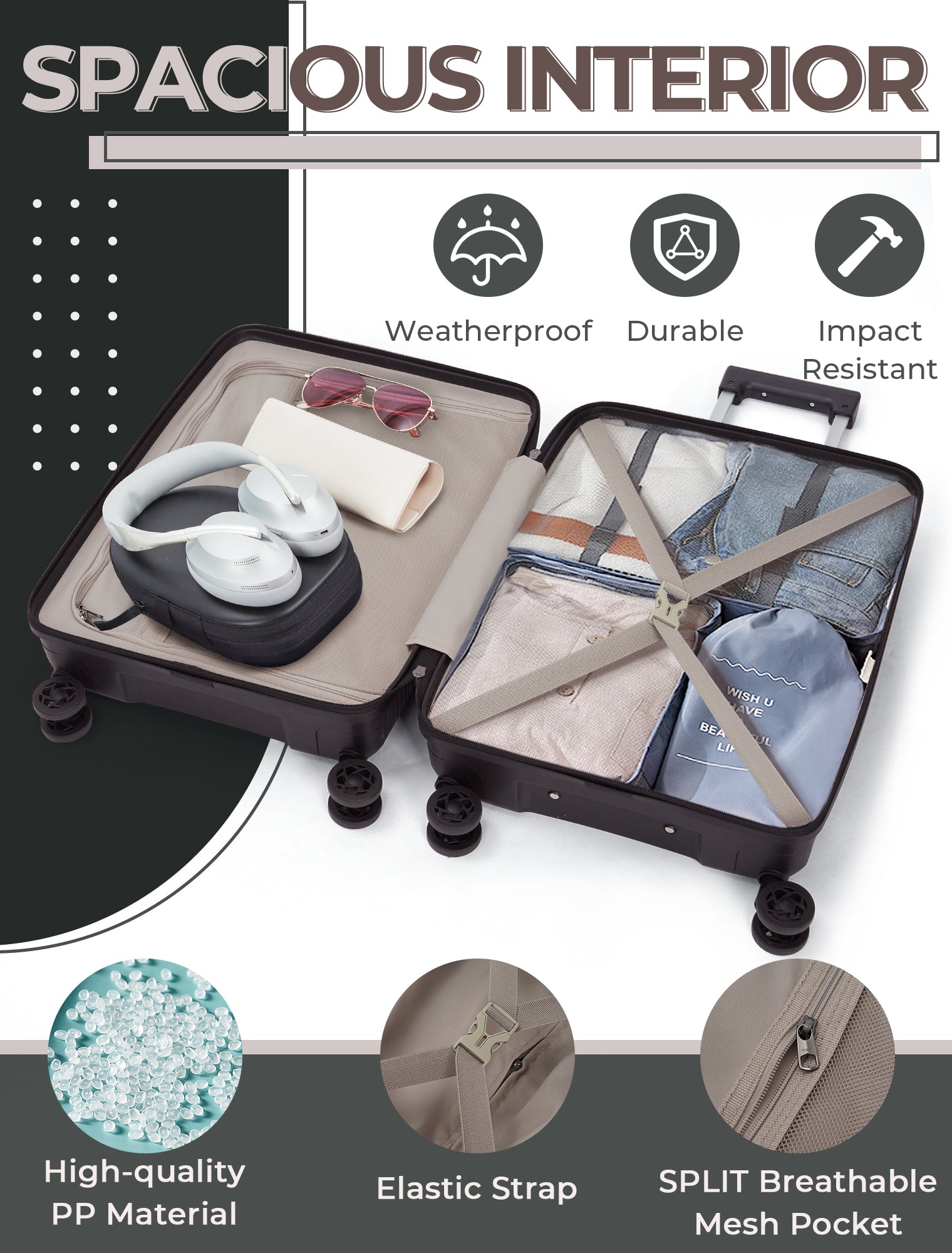 Concepten 3-Piece Carry on Luggage Set, PP Material Hard Shell Suitcase with TSA Lock for Rotating Wheels，Lightweight and Drop Resistant Suitcase