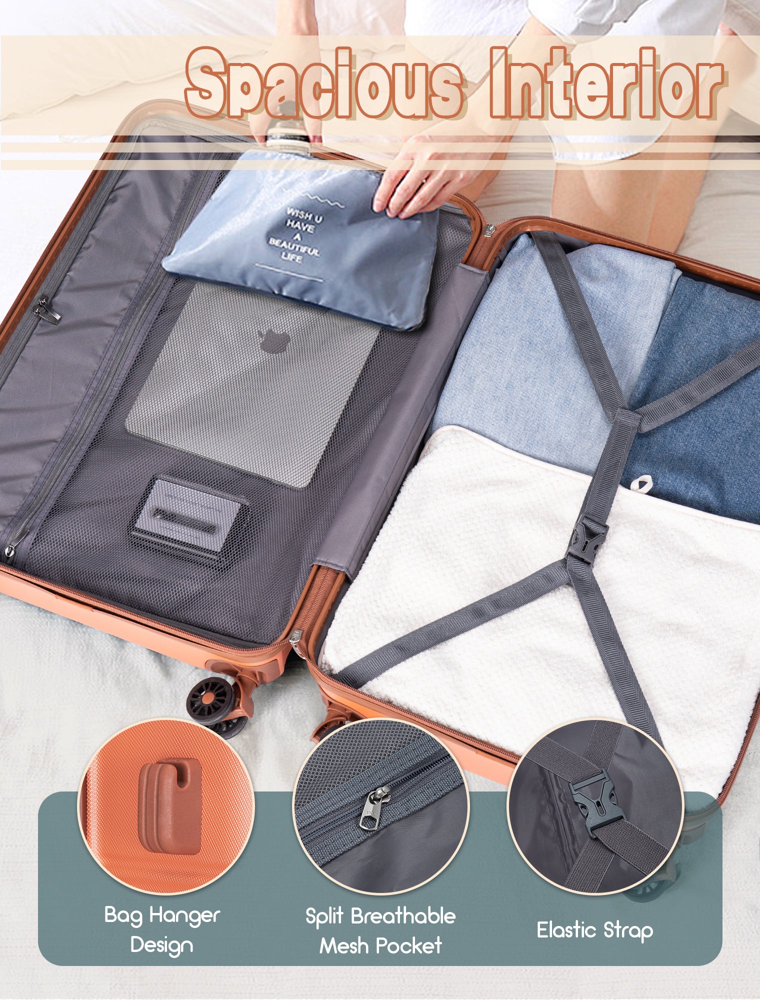 CONCEPTEN 3-Piece Carry on Luggage Set, 20 Inch Airline Approved Hardshell Suitcase with Spinner Wheels, Lightweight ABS Travel Luggage with TSA Lock, Backpack & Toiletry Bag,Orange