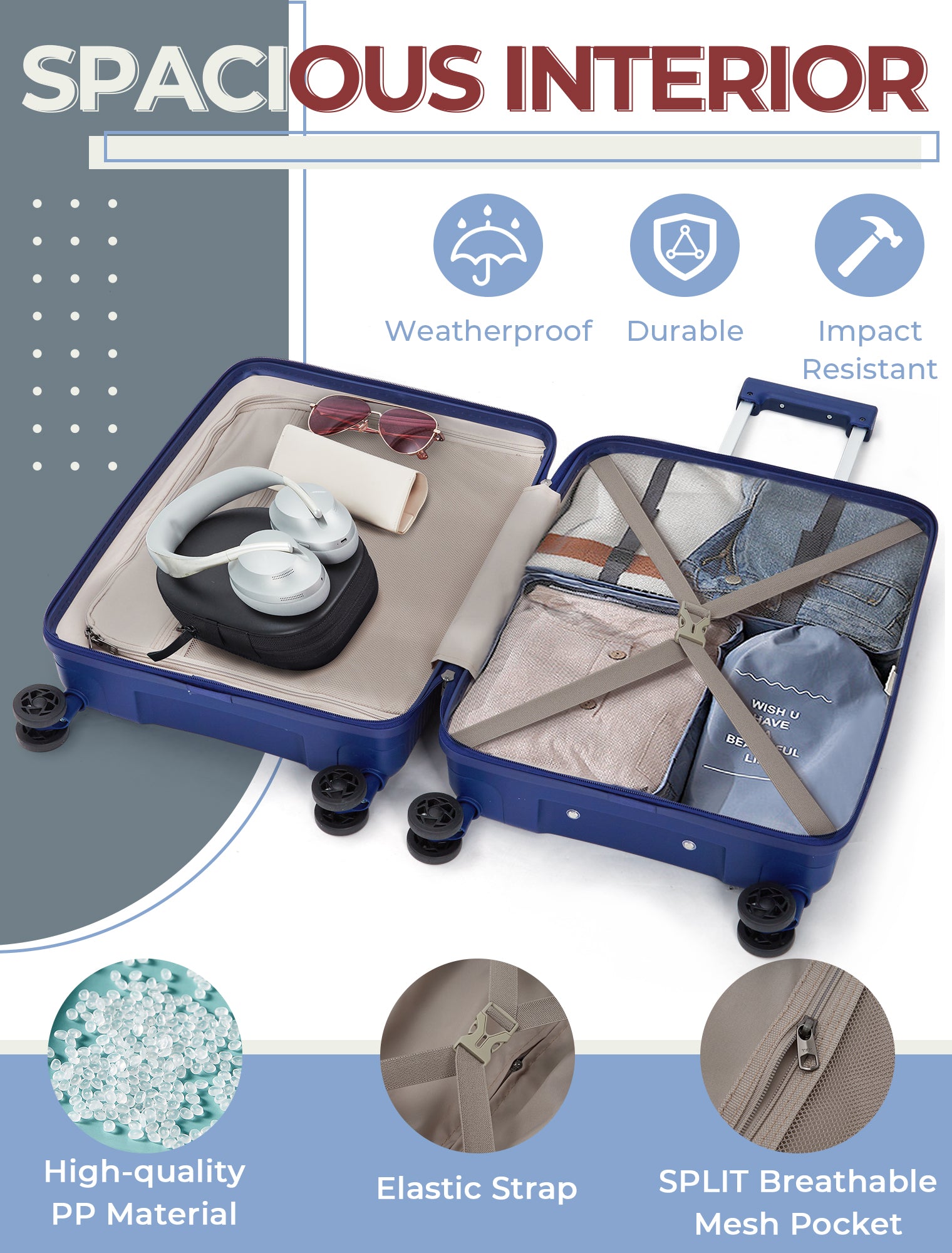 Concepten 3-Piece Carry on Luggage Set, PP Material Hard Shell Suitcase with TSA Lock for Rotating Wheels，Lightweight and Drop Resistant Suitcase