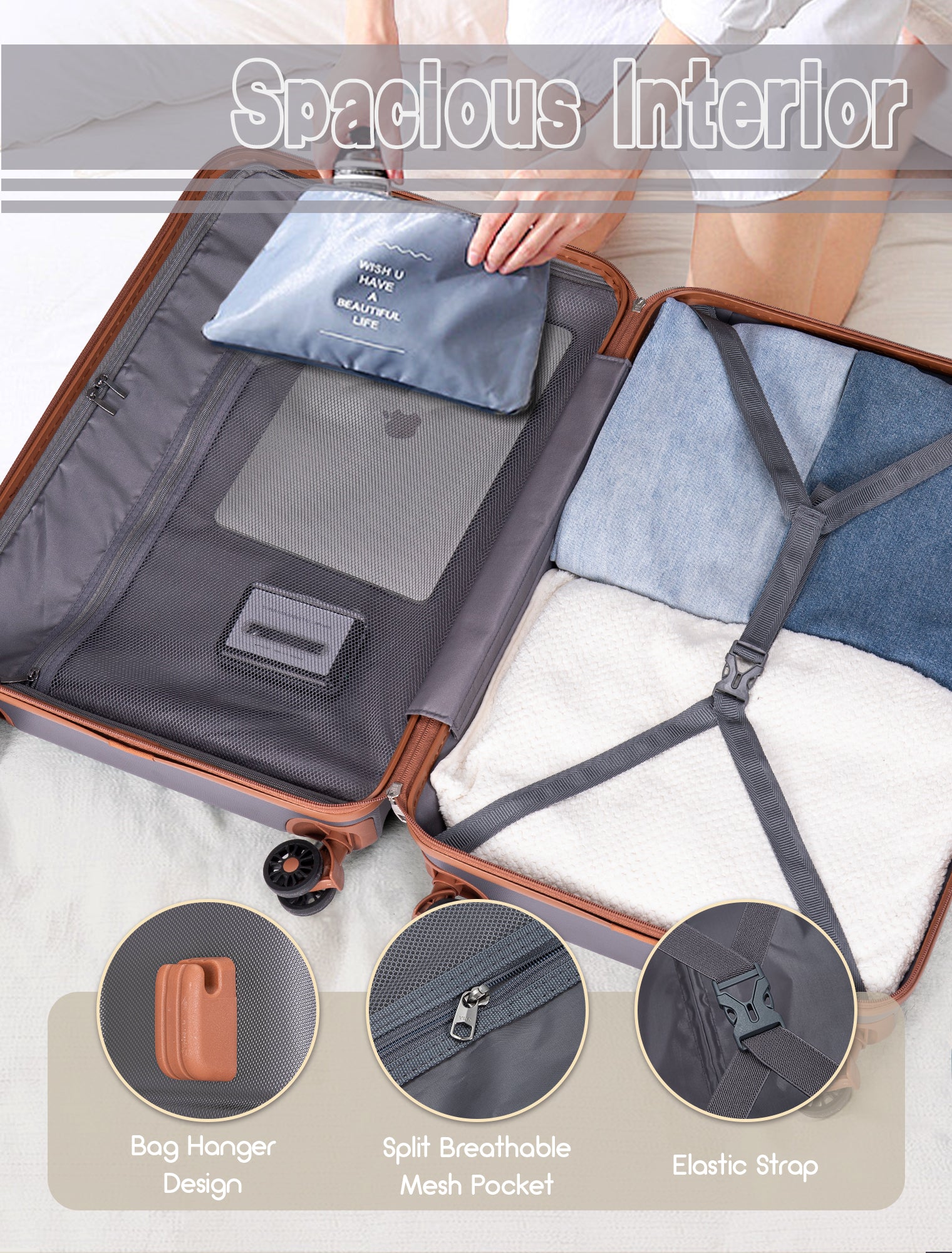 CONCEPTEN 3-Piece Carry on Luggage Set, 20 Inch Airline Approved Hardshell Suitcase with Spinner Wheels, Lightweight ABS Travel Luggage with TSA Lock, Backpack & Toiletry Bag,Grey
