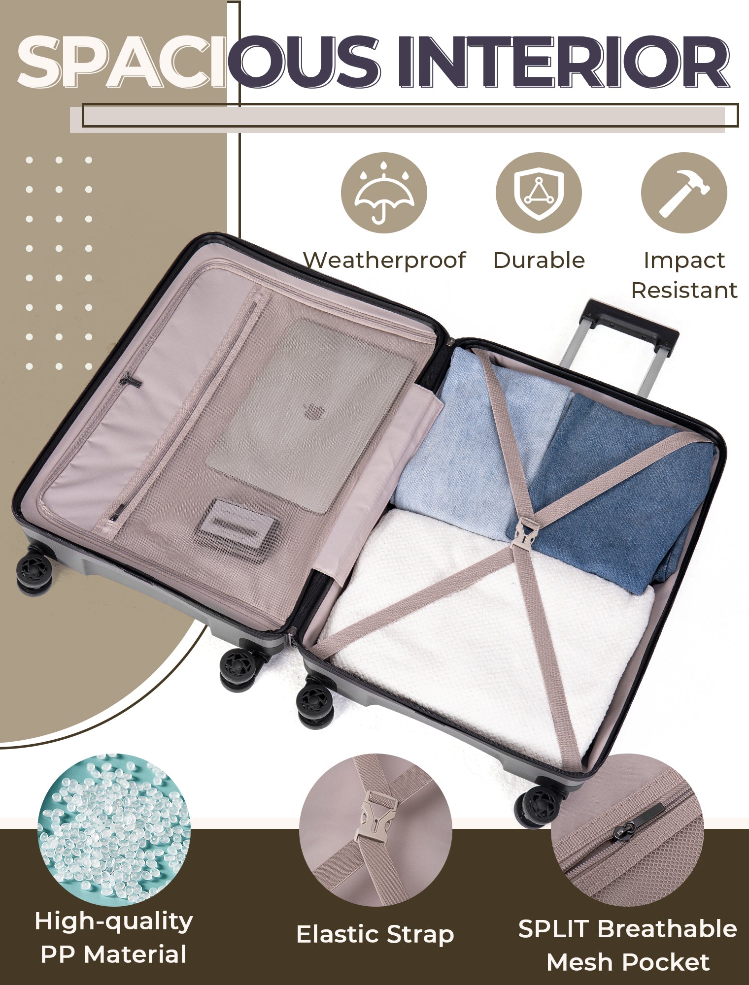 Concepten 3-Piece Carry on Luggage Set, PP Material Hard Shell Suitcase with TSA Lock for Rotating Wheels，Lightweight and Drop Resistant Suitcase