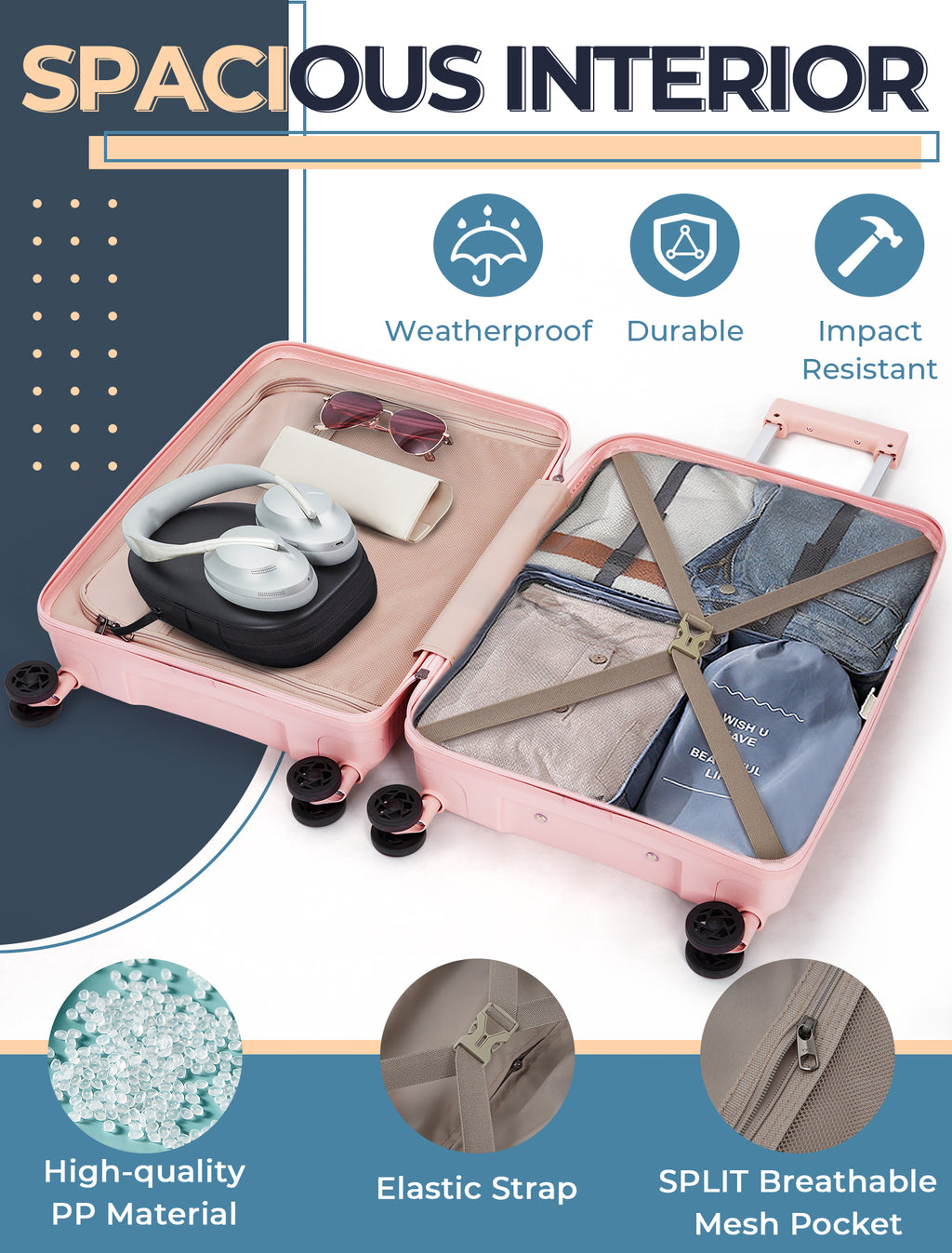 Concepten 3-Piece Carry on Luggage Set, PP Material Hard Shell Suitcase with TSA Lock for Rotating Wheels，Lightweight and Drop Resistant Suitcase