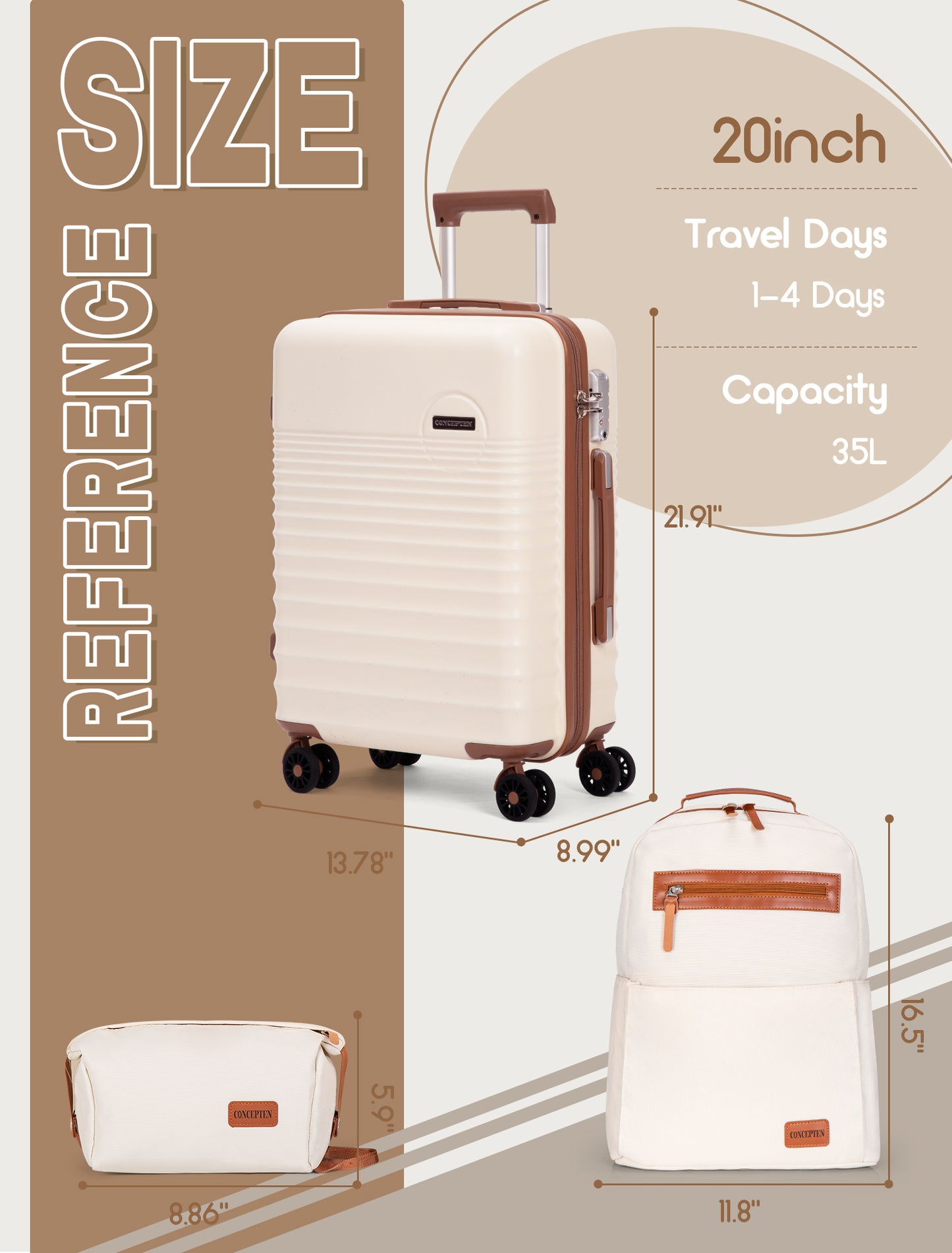 CONCEPTEN 3-Piece Carry on Luggage Set, 20 Inch Airline Approved Hardshell Suitcase with Spinner Wheels, Lightweight ABS Travel Luggage with TSA Lock, Backpack & Toiletry Bag，Beige