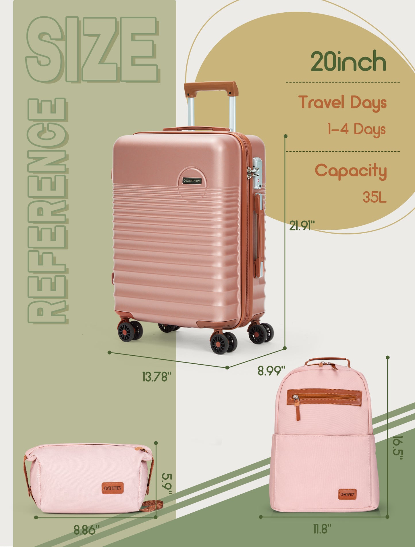 CONCEPTEN 3-Piece Carry on Luggage Set, 20 Inch Airline Approved Hardshell Suitcase with Spinner Wheels, Lightweight ABS Travel Luggage with TSA Lock, Backpack & Toiletry Bag,Champagne