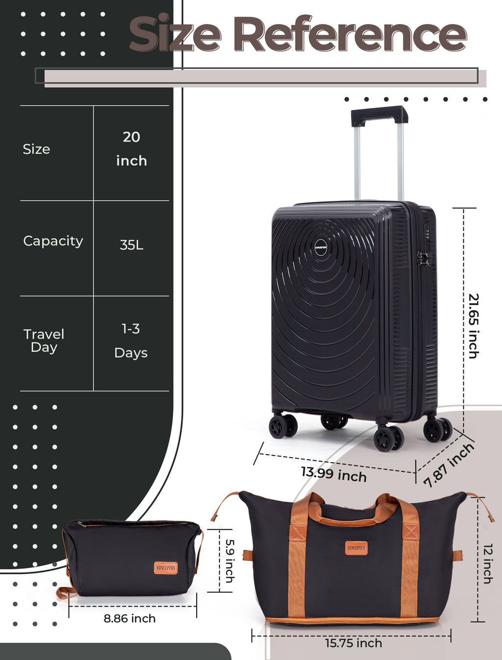 Concepten 3-Piece Carry on Luggage Set, PP Material Hard Shell Suitcase with TSA Lock for Rotating Wheels，Lightweight and Drop Resistant Suitcase