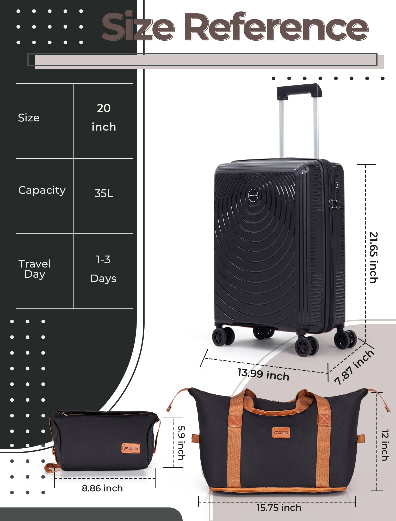 Concepten 3-Piece Carry on Luggage Set, PP Material Hard Shell Suitcase with TSA Lock for Rotating Wheels，Lightweight and Drop Resistant Suitcase