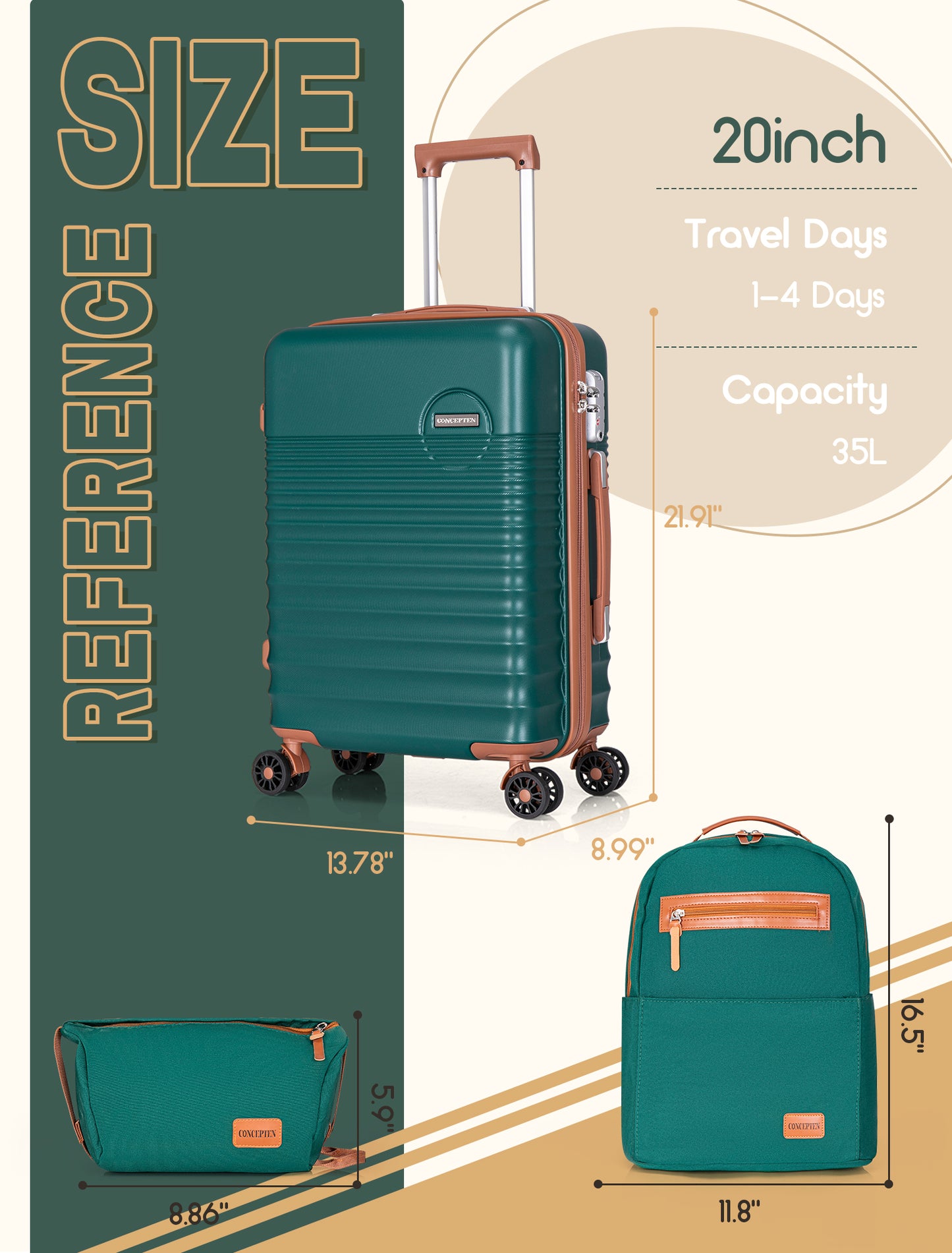 CONCEPTEN 3-Piece Carry on Luggage Set, 20 Inch Airline Approved Hardshell Suitcase with Spinner Wheels, Lightweight ABS Travel Luggage with TSA Lock, Backpack & Toiletry Bag,Teal