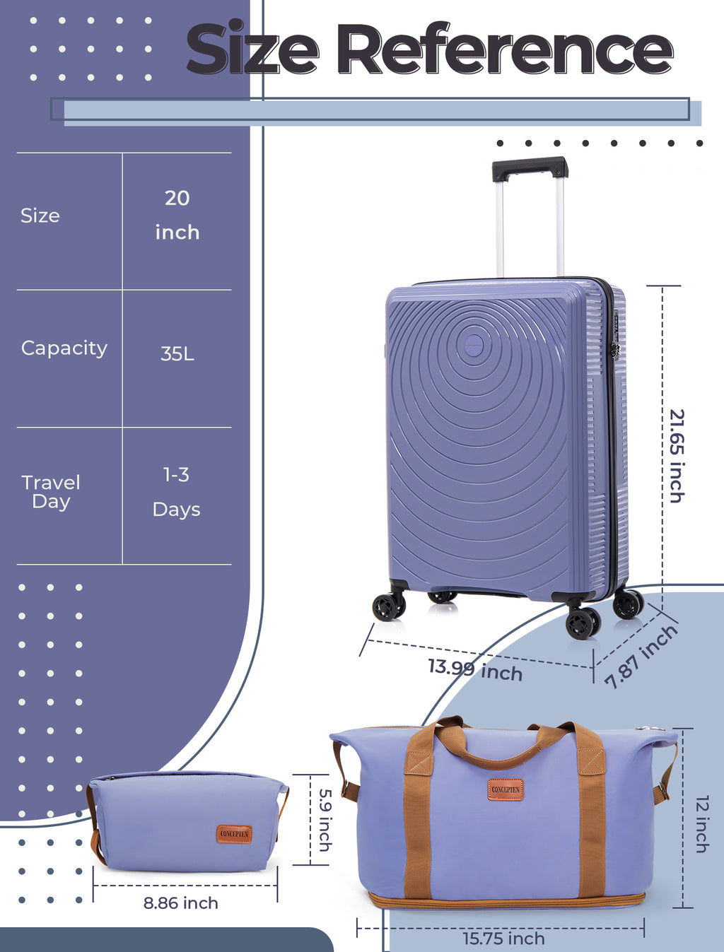 Concepten 3-Piece Carry on Luggage Set, PP Material Hard Shell Suitcase with TSA Lock for Rotating Wheels，Lightweight and Drop Resistant Suitcase