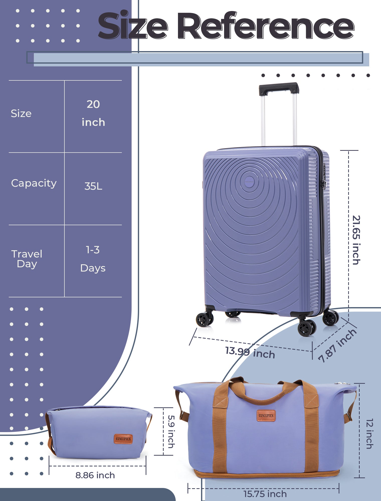 Concepten 3-Piece Carry on Luggage Set, PP Material Hard Shell Suitcase with TSA Lock for Rotating Wheels，Lightweight and Drop Resistant Suitcase