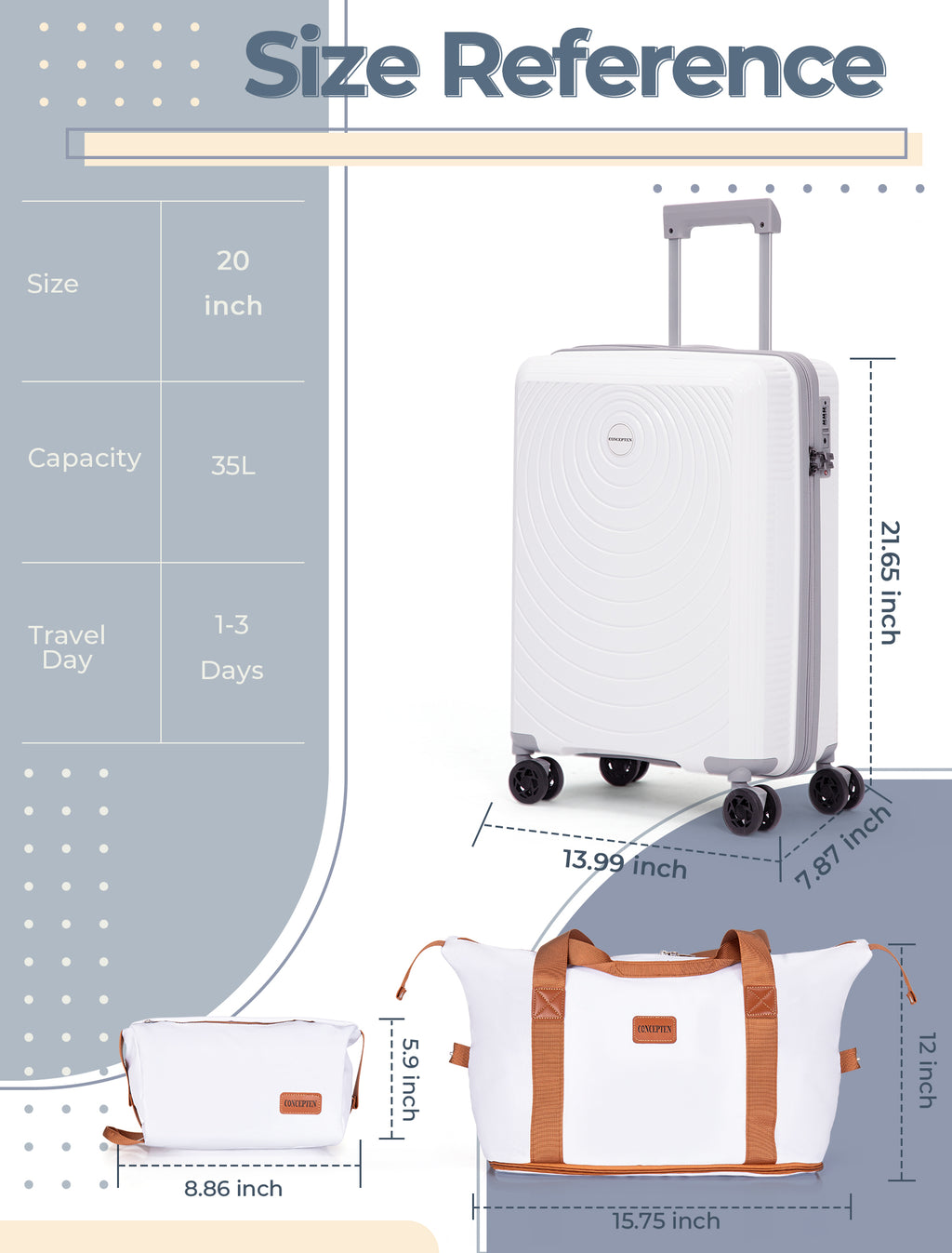 Concepten 3-Piece Carry on Luggage Set, PP Material Hard Shell Suitcase with TSA Lock for Rotating Wheels，Lightweight and Drop Resistant Suitcase