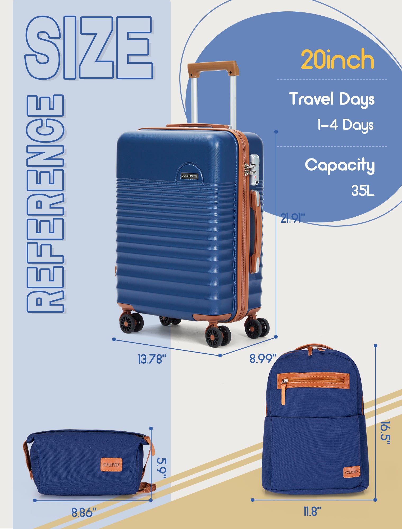 CONCEPTEN 3-Piece Carry On Luggage Set, 20 Inch Airline Approved Hardshell Suitcase with Spinner Wheels, Lightweight ABS Travel Luggage with TSA Lock, Backpack & Toiletry Bag,Deep Blue