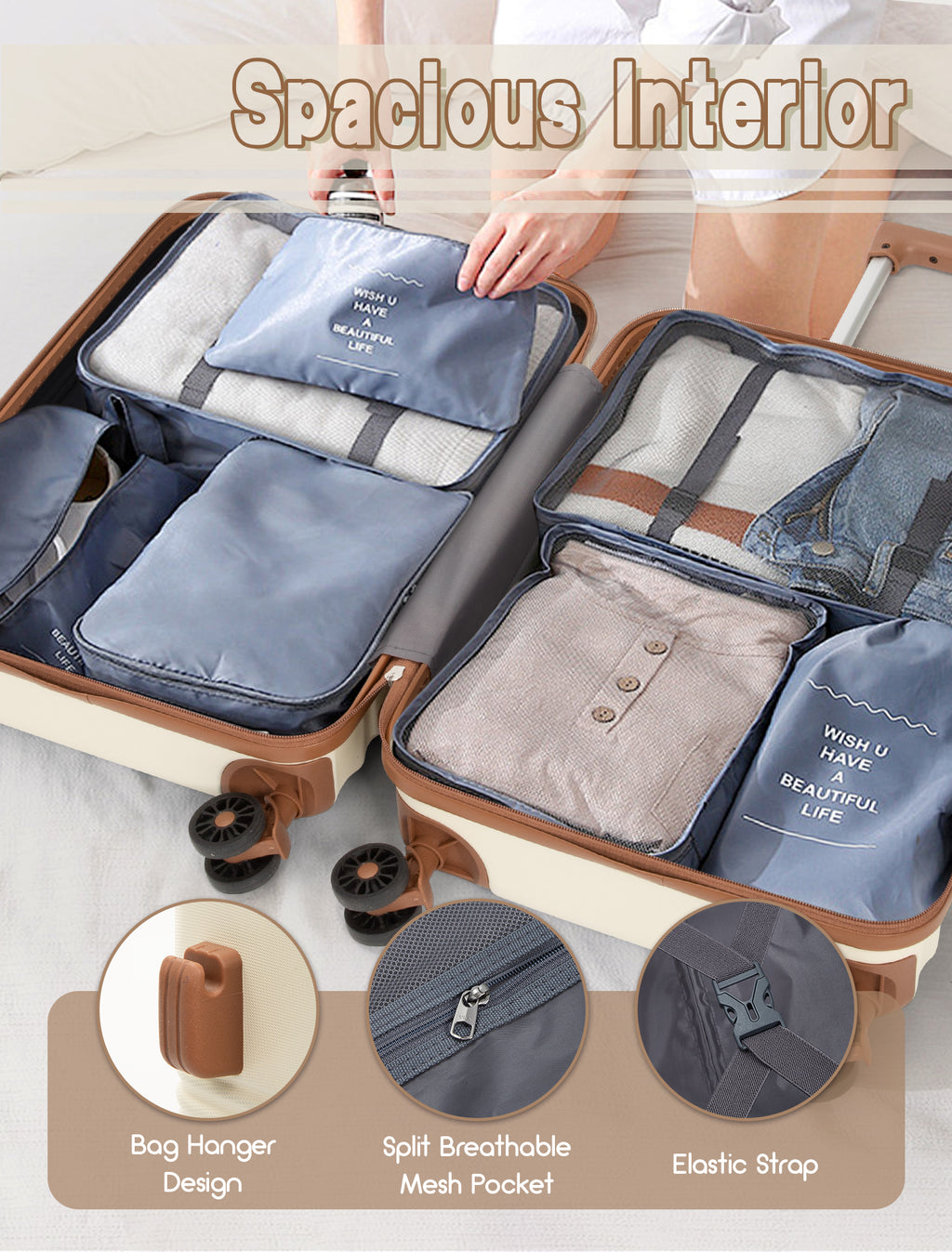 Concepten 5-Piece Luggage Set ABS Hardshell Suitcase with TSA Lock（20"Carry-On and 24" Travel Suitcase、28"Checked Luggage)-Beige