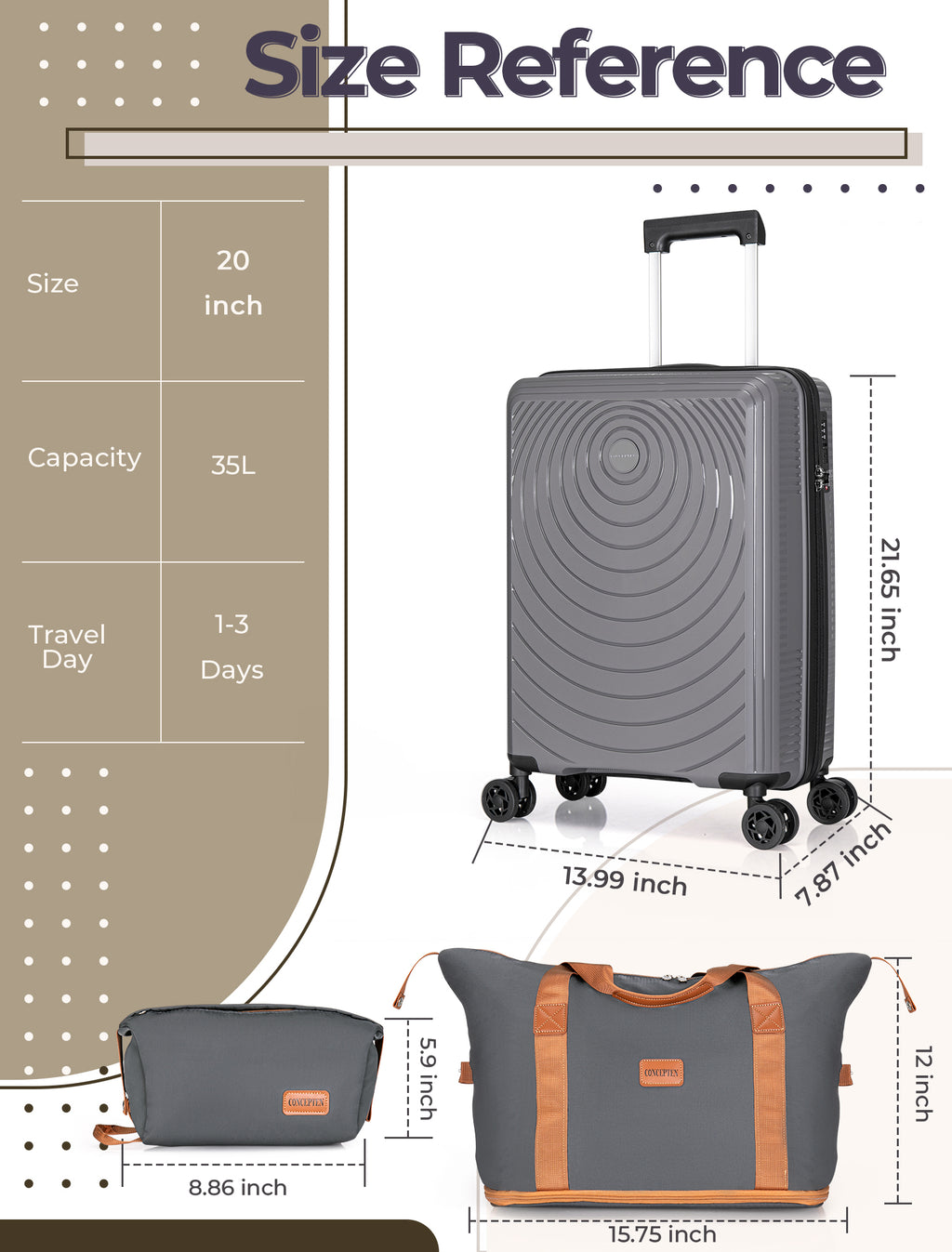 Concepten 3-Piece Carry on Luggage Set, PP Material Hard Shell Suitcase with TSA Lock for Rotating Wheels，Lightweight and Drop Resistant Suitcase