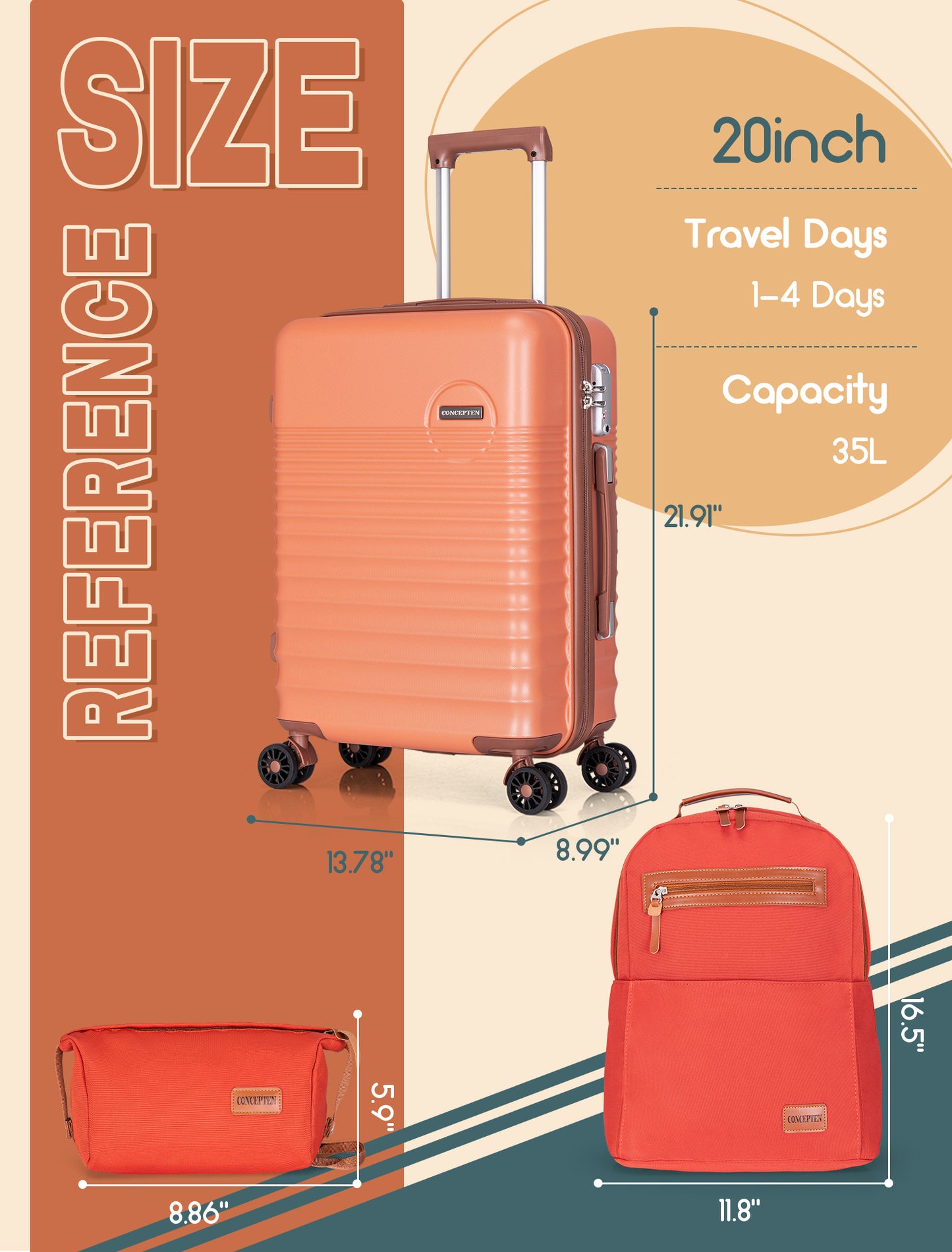 CONCEPTEN 3-Piece Carry on Luggage Set, 20 Inch Airline Approved Hardshell Suitcase with Spinner Wheels, Lightweight ABS Travel Luggage with TSA Lock, Backpack & Toiletry Bag,Orange