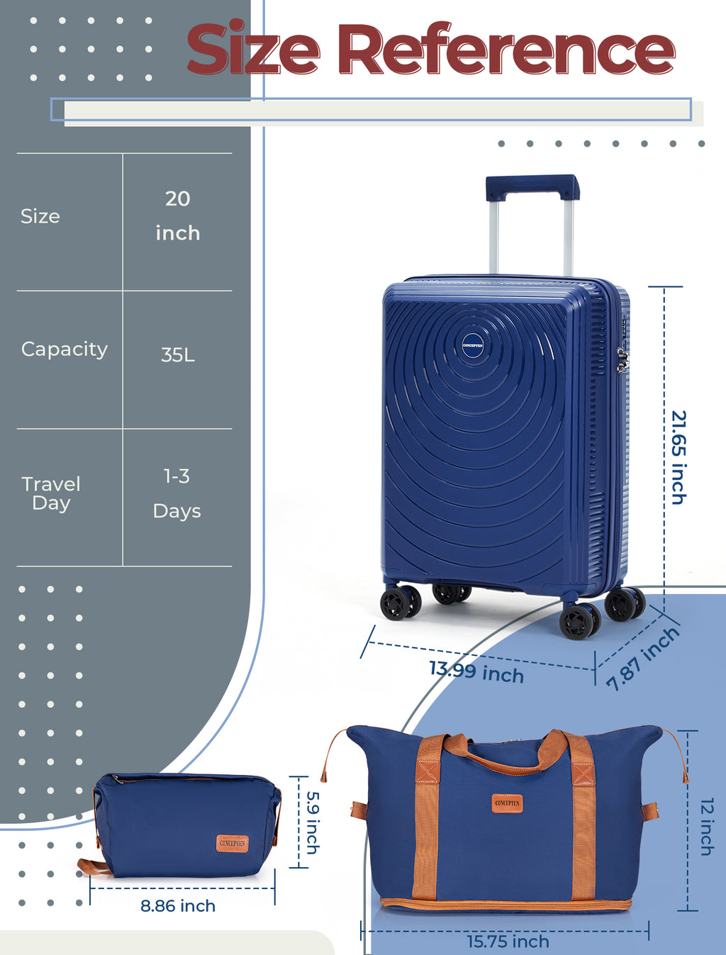 Concepten 3-Piece Carry on Luggage Set, PP Material Hard Shell Suitcase with TSA Lock for Rotating Wheels，Lightweight and Drop Resistant Suitcase