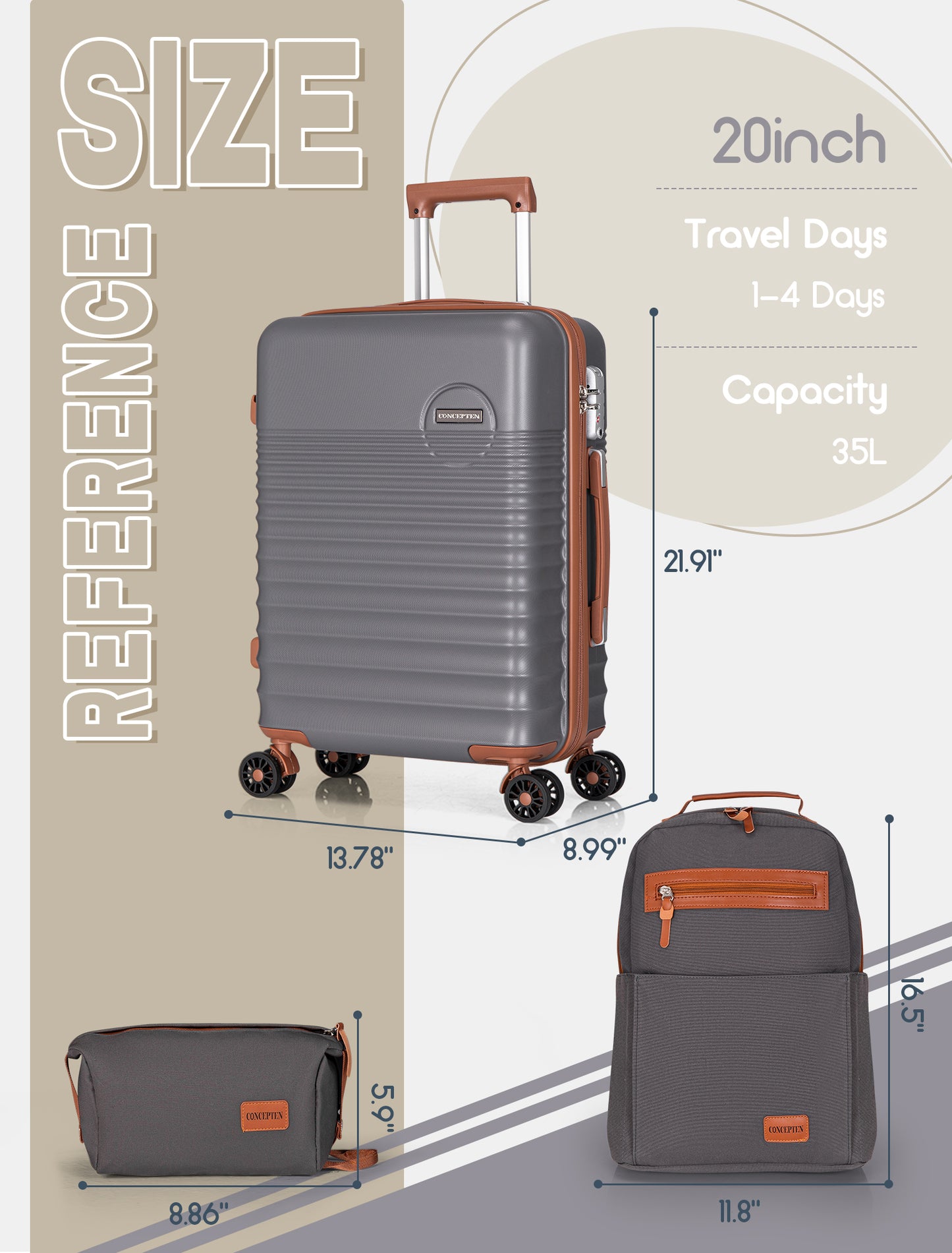 CONCEPTEN 3-Piece Carry on Luggage Set, 20 Inch Airline Approved Hardshell Suitcase with Spinner Wheels, Lightweight ABS Travel Luggage with TSA Lock, Backpack & Toiletry Bag,Grey