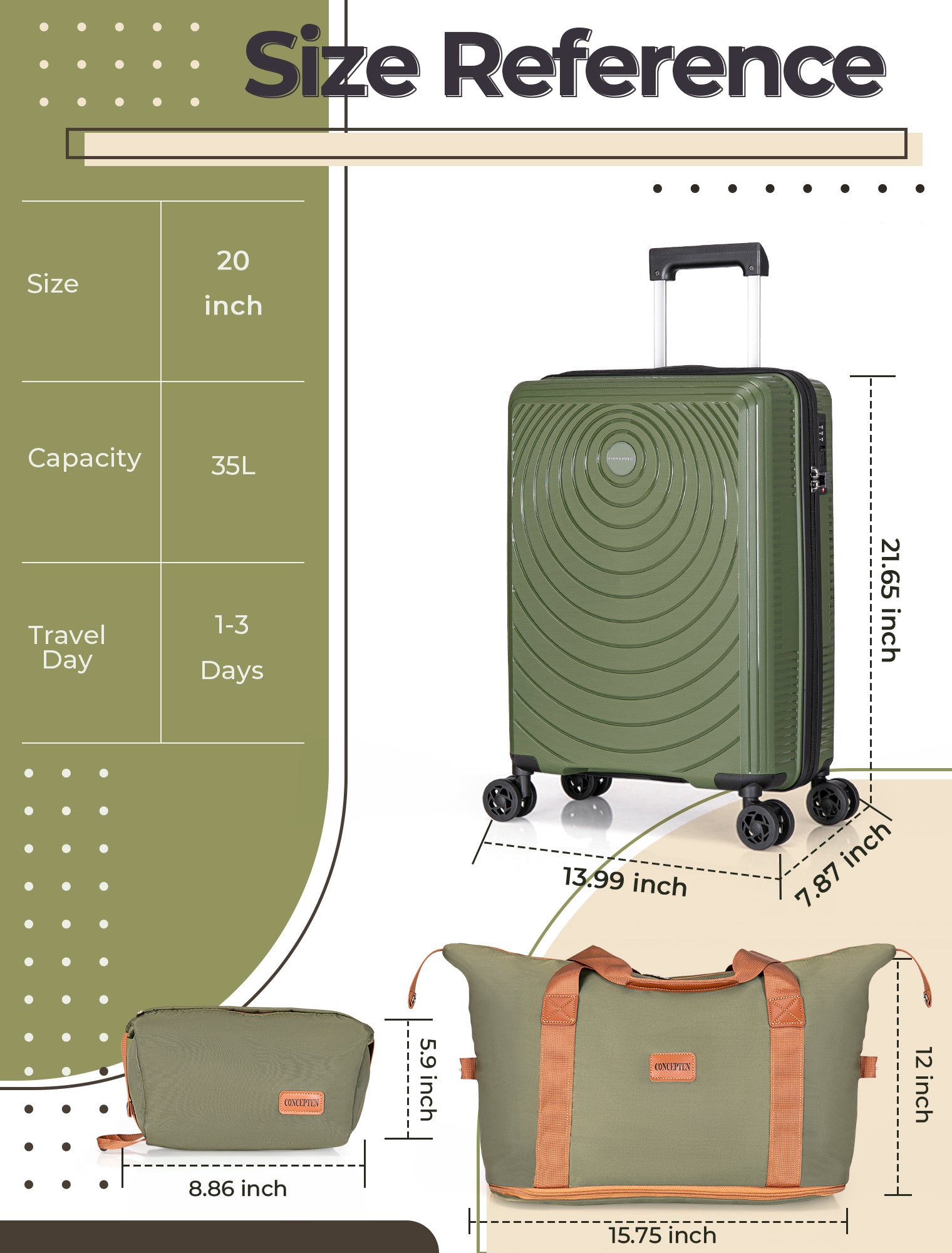 Concepten 3-Piece Carry on Luggage Set, PP Material Hard Shell Suitcase with TSA Lock for Rotating Wheels，Lightweight and Drop Resistant Suitcase