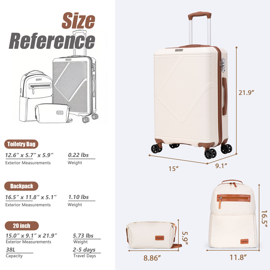 Concepten 3-Piece Carry On Luggage Set,20-Inch Suitcase with Spinner Wheels TSA Lock travel backpack and Toiletry Bag Hardside Lightweight Luggage