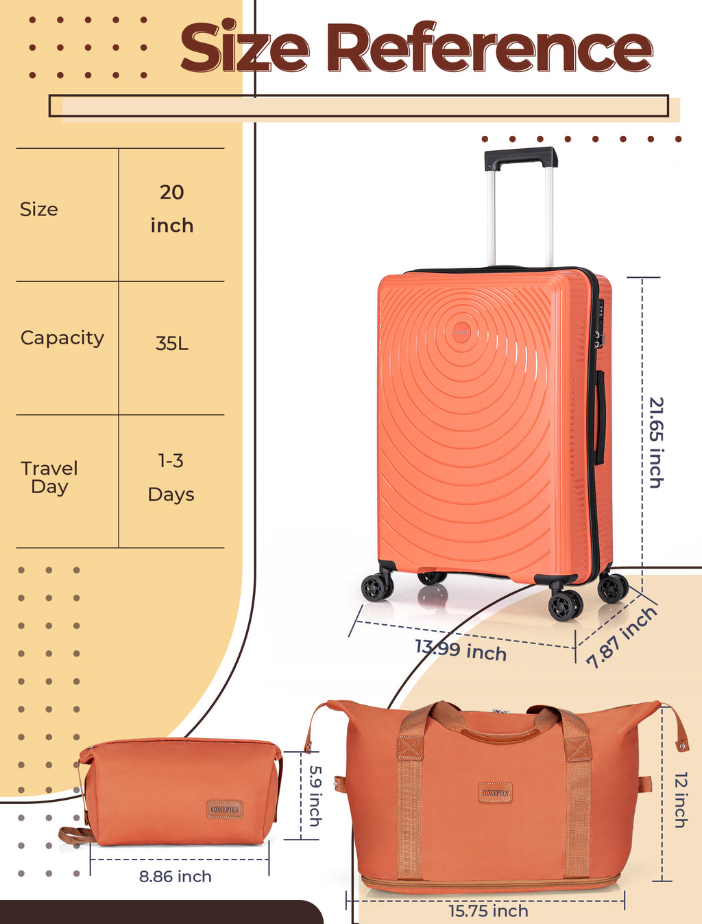 Concepten 3-Piece Carry on Luggage Set, PP Material Hard Shell Suitcase with TSA Lock for Rotating Wheels，Lightweight and Drop Resistant Suitcase
