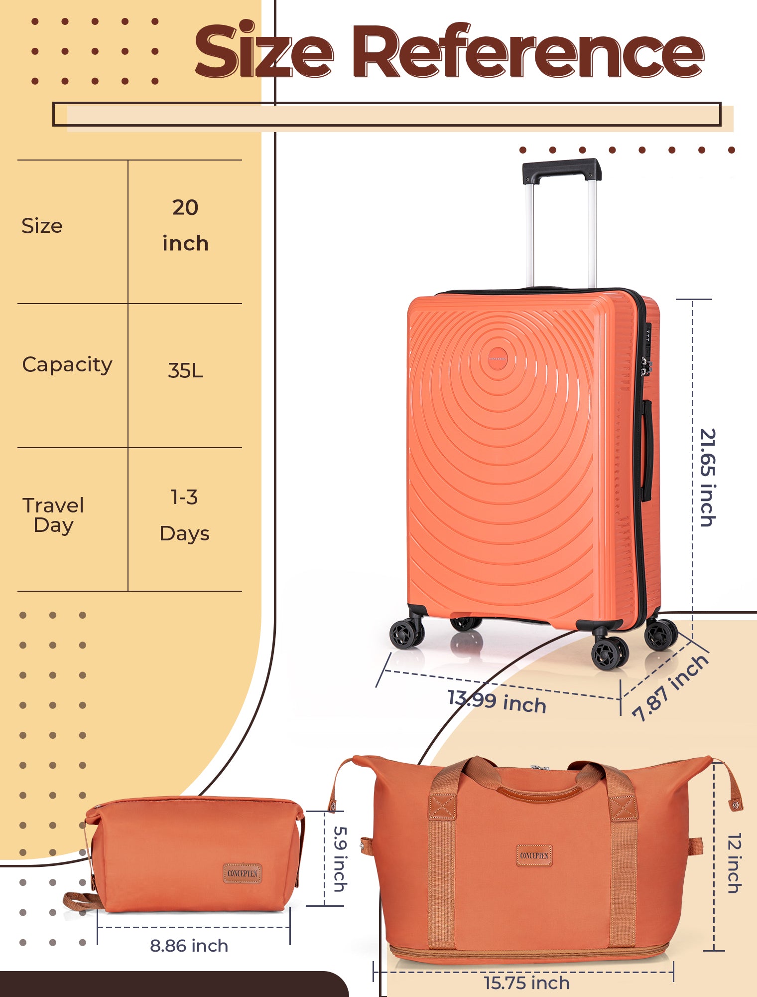 Concepten 3-Piece Carry on Luggage Set, PP Material Hard Shell Suitcase with TSA Lock for Rotating Wheels，Lightweight and Drop Resistant Suitcase