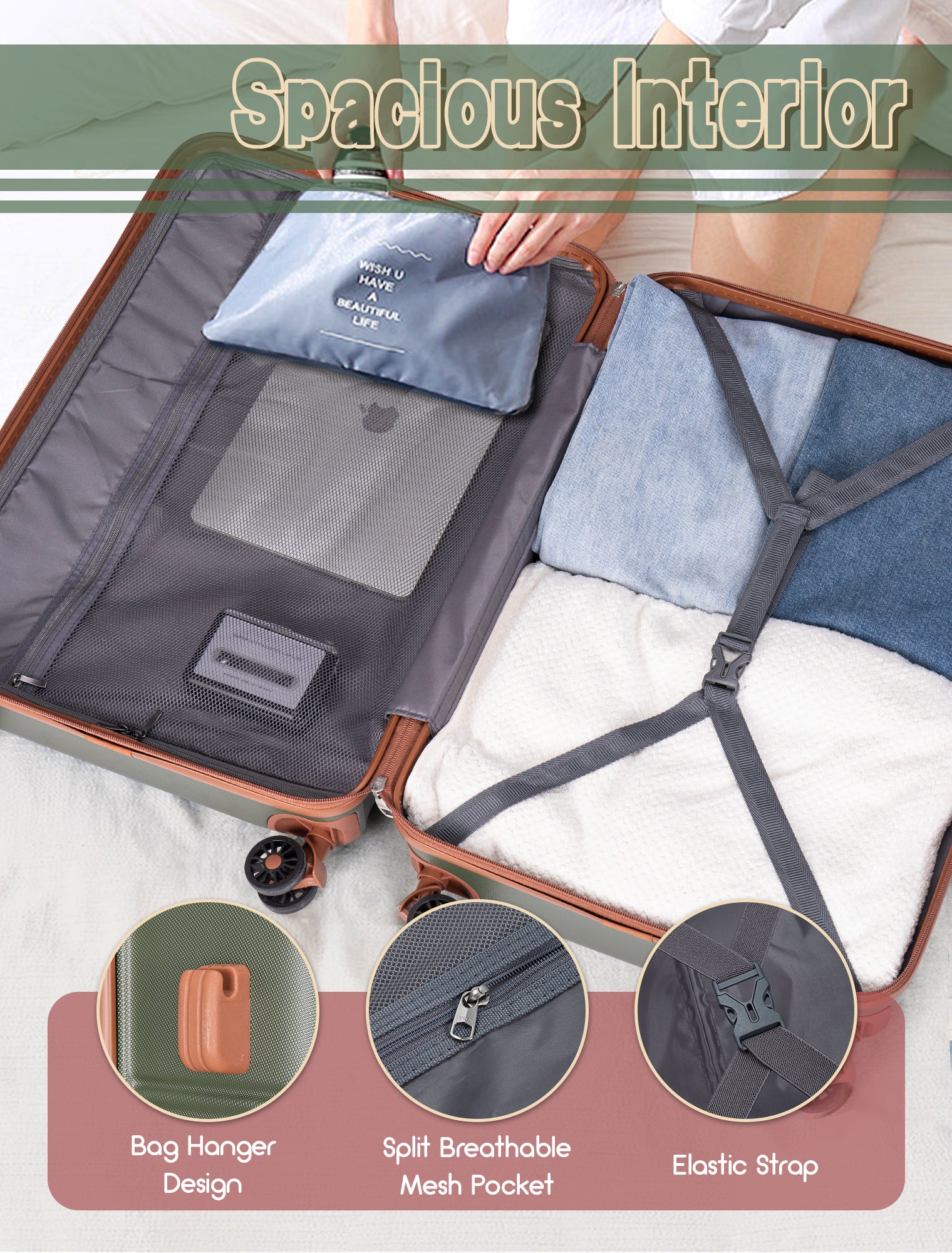 Concepten 5-Piece Luggage Set ABS Hardshell Suitcase with TSA Lock（20"Carry-On and 24" Travel Suitcase、28"Checked Luggage)-Olive Green