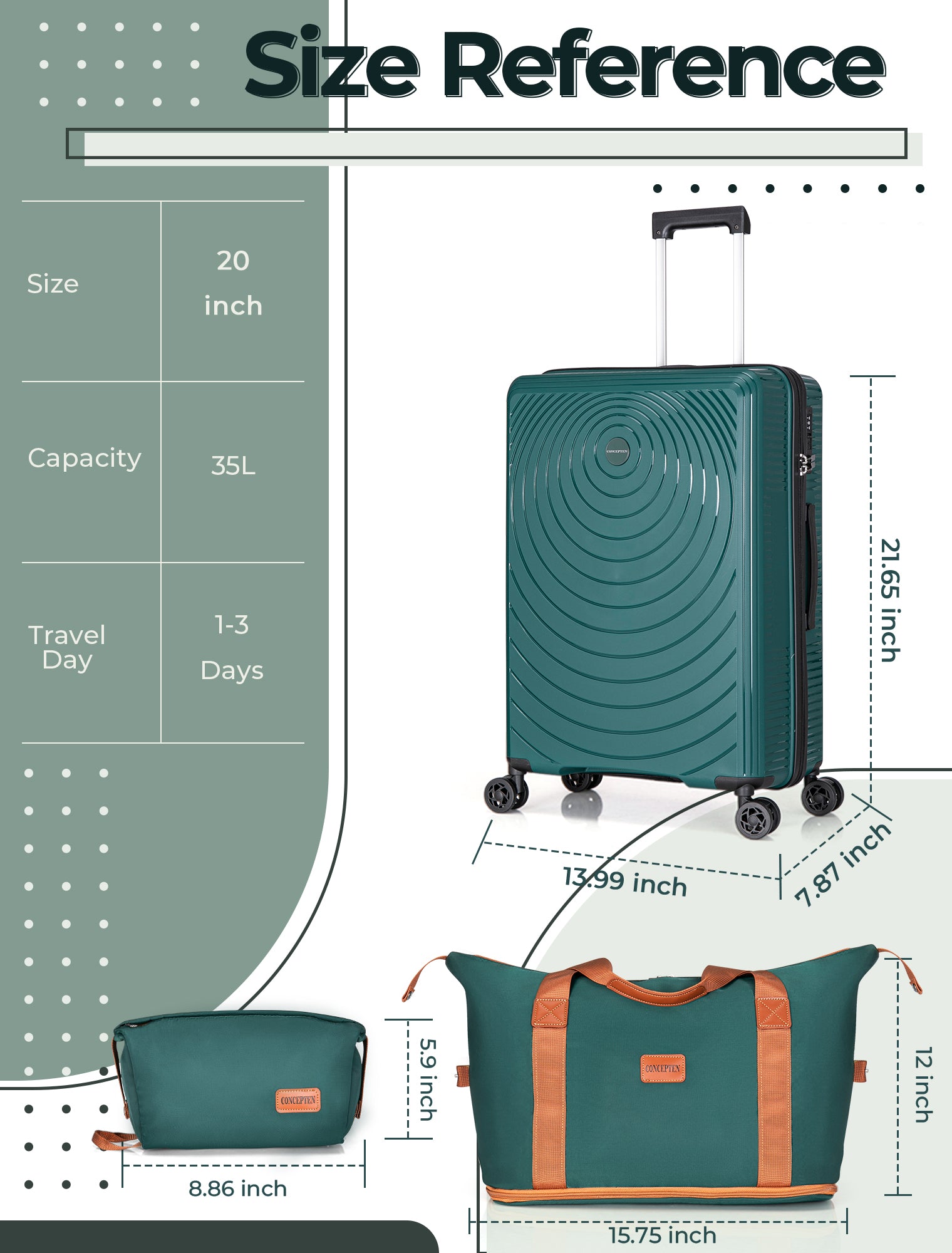 Concepten 3-Piece Carry on Luggage Set, PP Material Hard Shell Suitcase with TSA Lock for Rotating Wheels，Lightweight and Drop Resistant Suitcase
