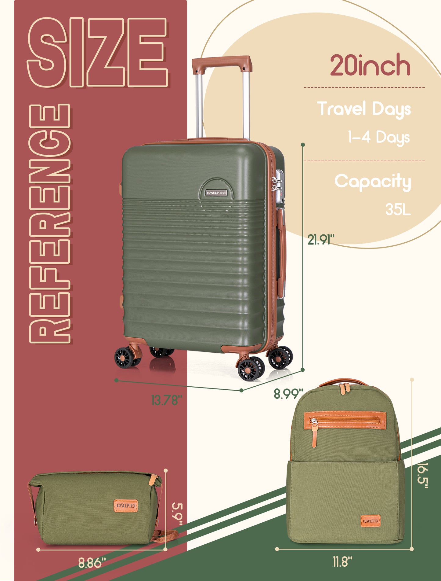 CONCEPTEN 3-Piece Carry on Luggage Set, 20 Inch Airline Approved Hardshell Suitcase with Spinner Wheels, Lightweight ABS Travel Luggage with TSA Lock, Backpack & Toiletry Bag,OliveDrab