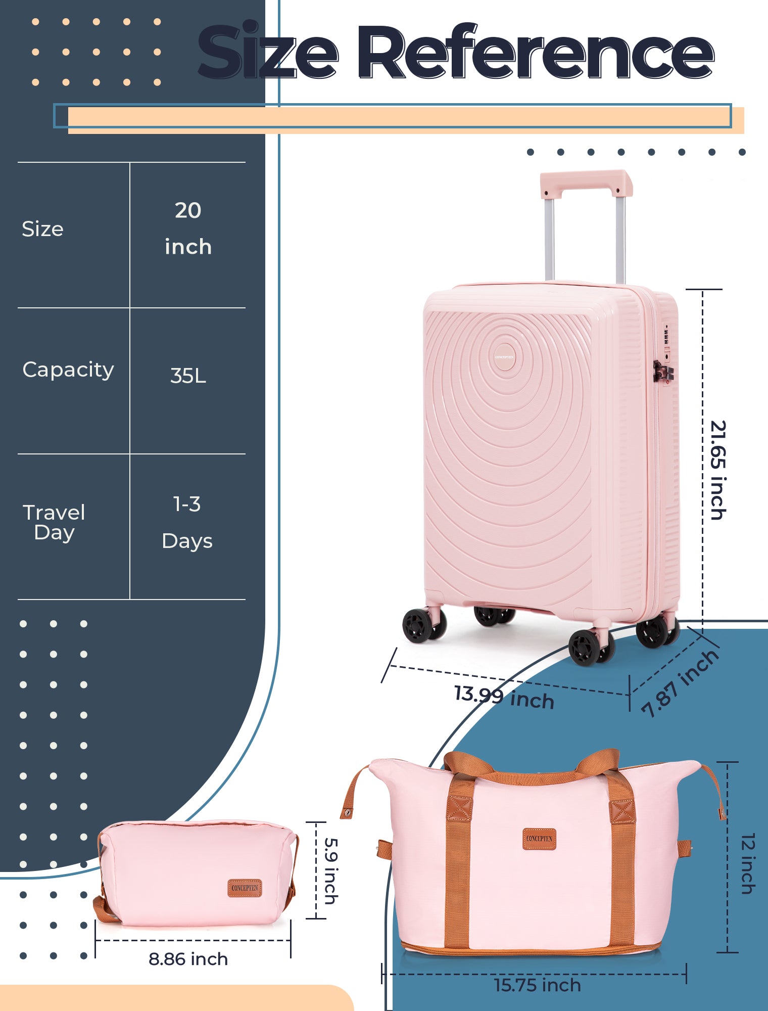 Concepten 3-Piece Carry on Luggage Set, PP Material Hard Shell Suitcase with TSA Lock for Rotating Wheels，Lightweight and Drop Resistant Suitcase